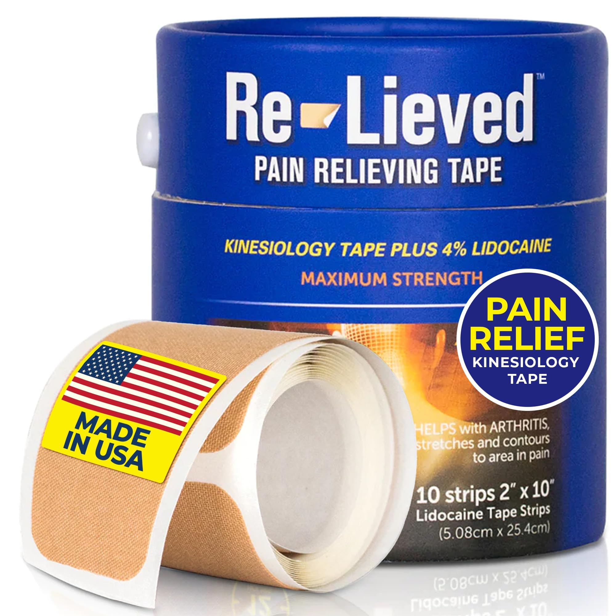 4% Lidocaine Maximum Strength Pain Relief Kinesiology Tape - Relieves Back, Joints and Muscle Pains - Superior Sticking, Aluminum-Free Water Resistant, and USA Made - 2" x 10" Strips Re-lievedAu supplements