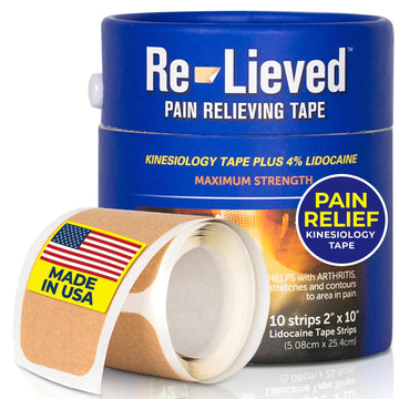 4% Lidocaine Maximum Strength Pain Relief Kinesiology Tape - Relieves Back, Joints and Muscle Pains - Superior Sticking, Aluminum-Free Water Resistant, and USA Made - 2" x 10" Strips Re-lievedAu supplements