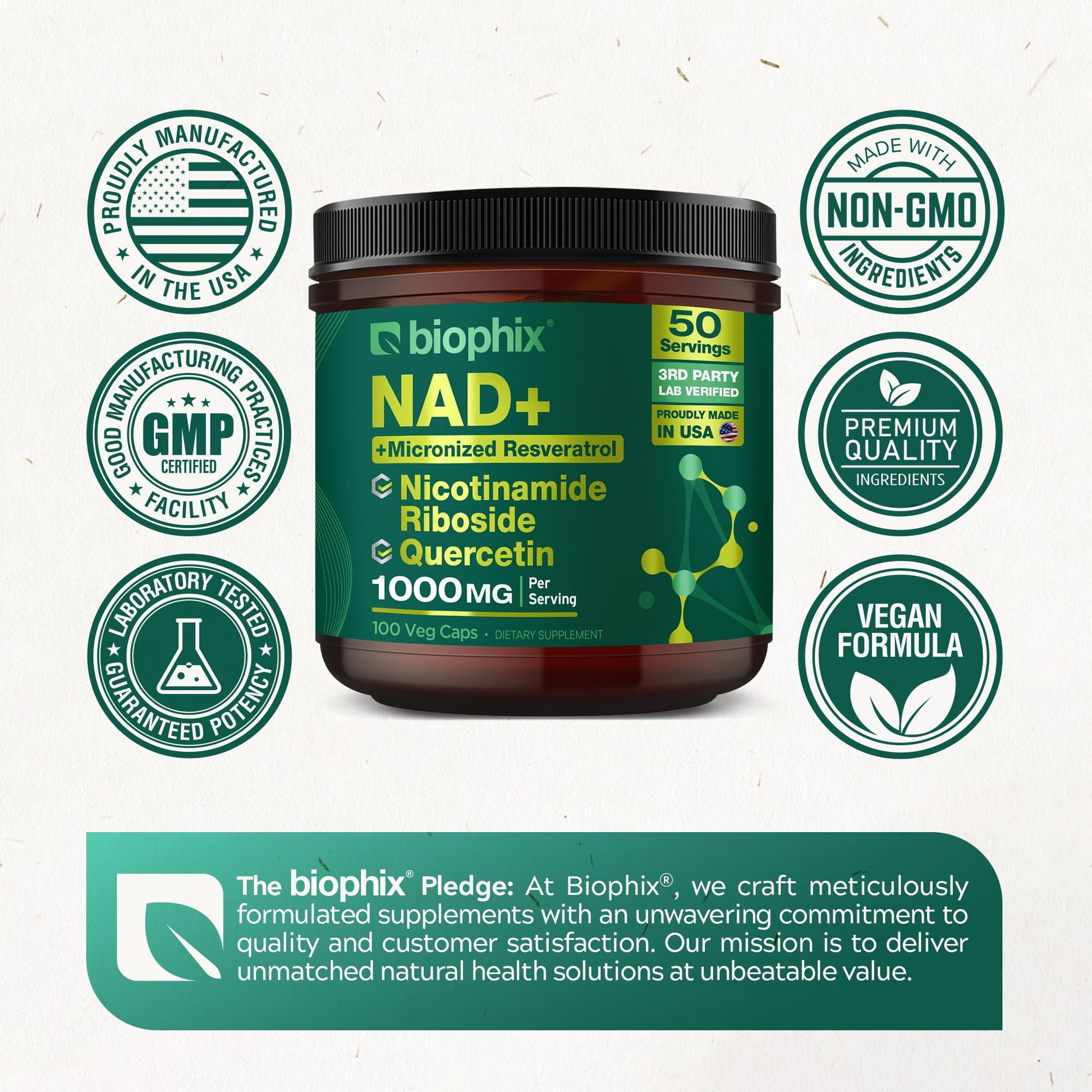 biophix NAD+ Liposomal Supplement for Women & Men - 1000 mg per Serving - Nicotinamide Riboside, Micronized Resveratrol & Quercetin Complex - 100 Veg Capsules - Non-GMO, Gluten-Free, cGMP Certified biophixAu supplements