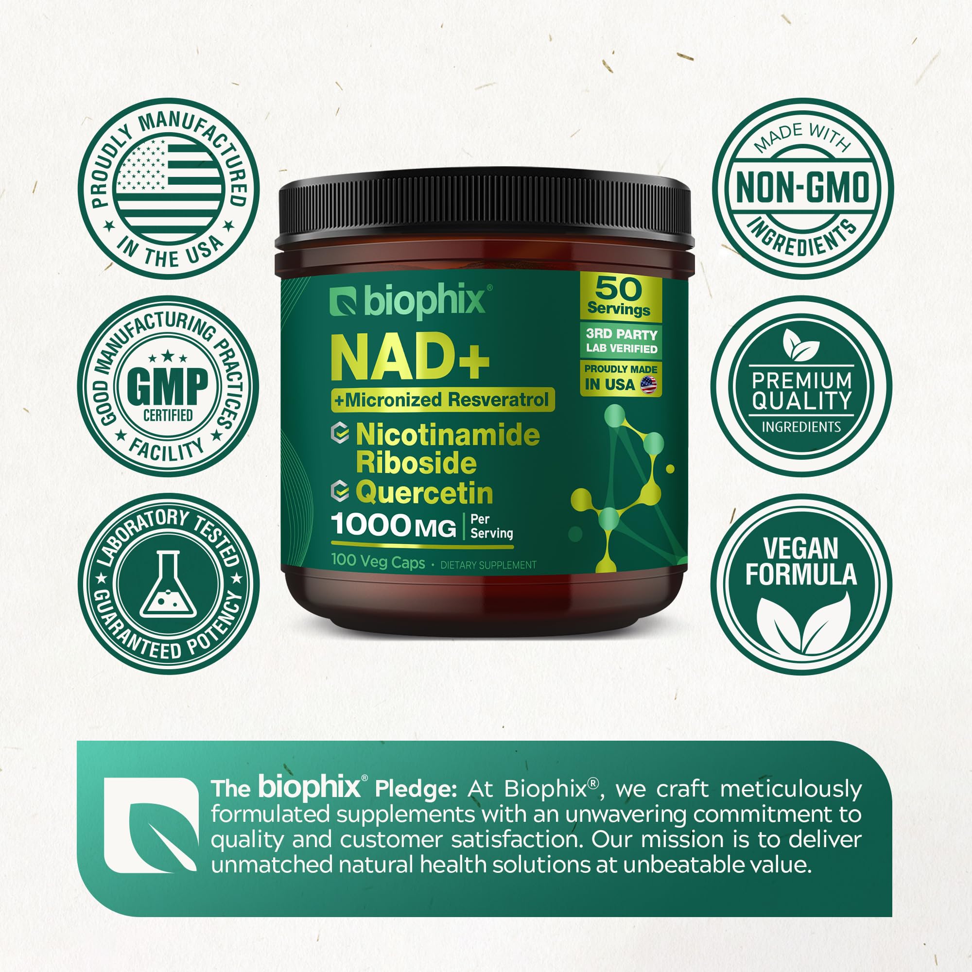 biophix NAD+ Liposomal Supplement for Women & Men - 1000 mg per Serving - Nicotinamide Riboside, Micronized Resveratrol & Quercetin Complex - 100 Veg Capsules - Non-GMO, Gluten-Free, cGMP Certified biophixAu supplements