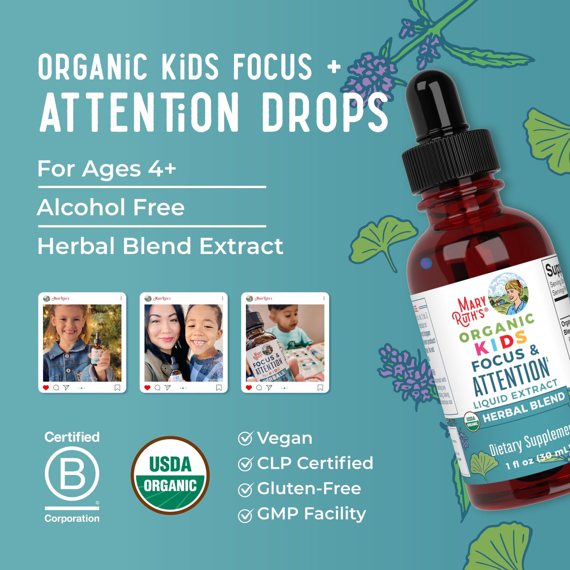 MaryRuth Organics Kids Focus & Attention Drops | USDA Organic Drops | Ginkgo Biloba | Rhodiola Root & Licorice Root | Adaptogenic | Calm | Vegan | Non-GMO | Gluten Free | 30 Servings MARYRUTH'SUS supplements