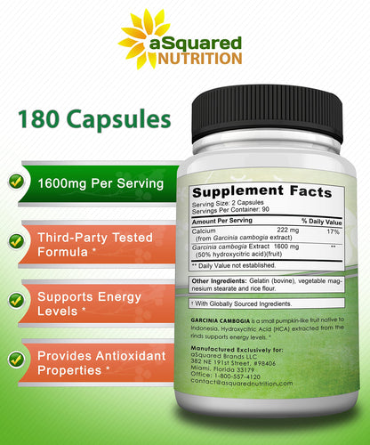 aSquared Nutrition Garcinia Cambogia 1600mg-180 Capsules-Natural Pure Extract Pills aSquared NutritionUS supplements