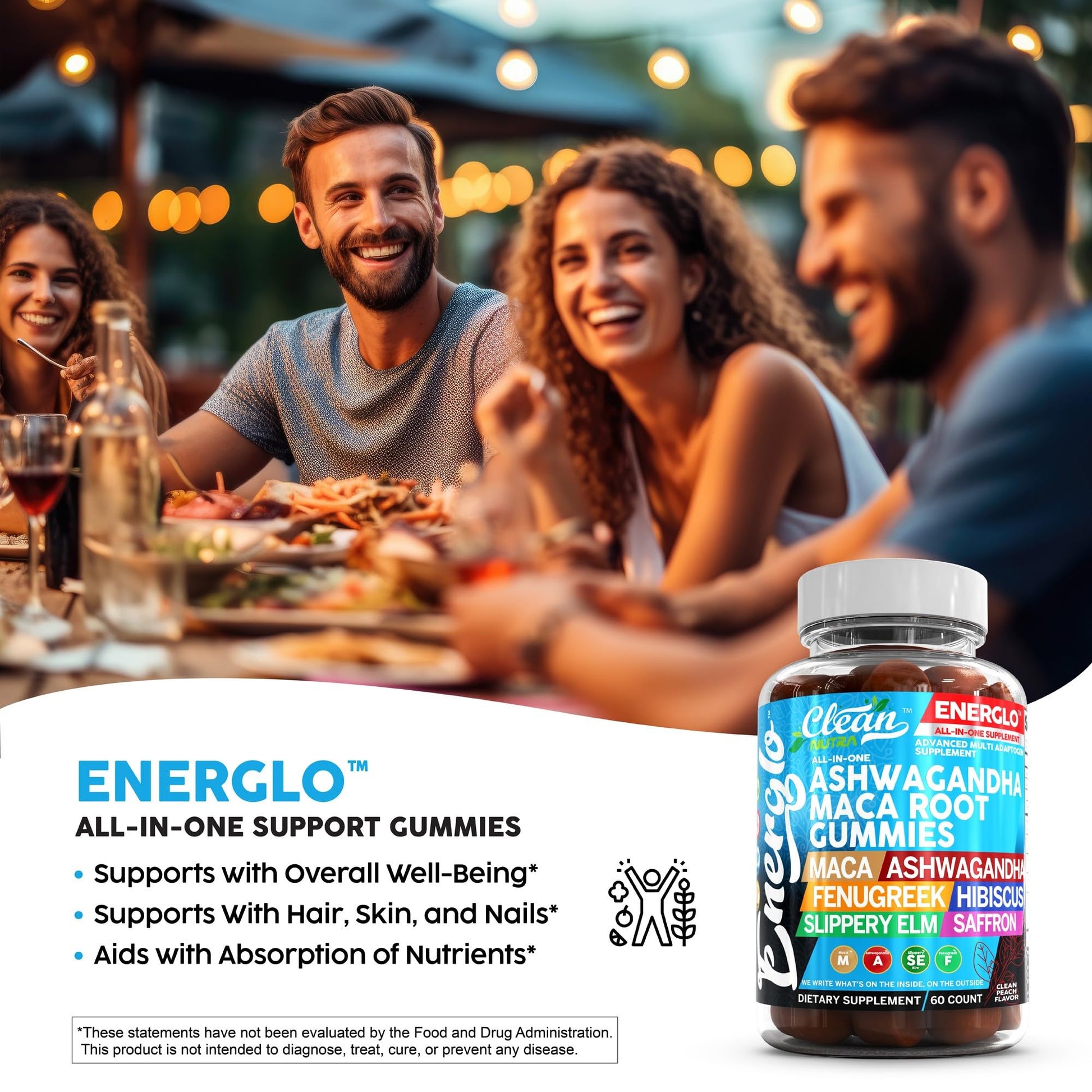 Ashwagandha Maca Root Gummies with Fenugreek Hibiscus Slippery Elm Saffron Extract & Beta Carotene | Peach Flavor Vegan Gummy Vitamins Adaptogen Cortisol Supplement Energlo by Clean Nutra Clean NutraceuticalsAu supplements