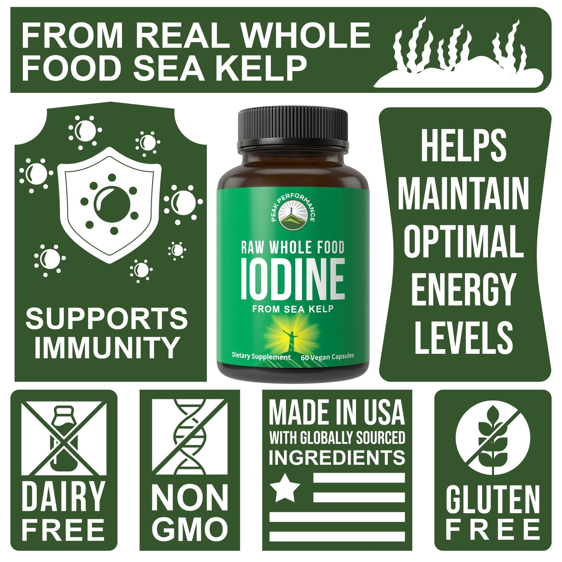 Raw Whole Food Iodine Supplement from Organic Kelp (Ascophyllum Nodosum) by Peak Performance. Potassium Iodide Support Tablets. for Metabolism, Energy, and Immune. 60 Vegan Capsules, Pills. Peak PerformanceAu supplements