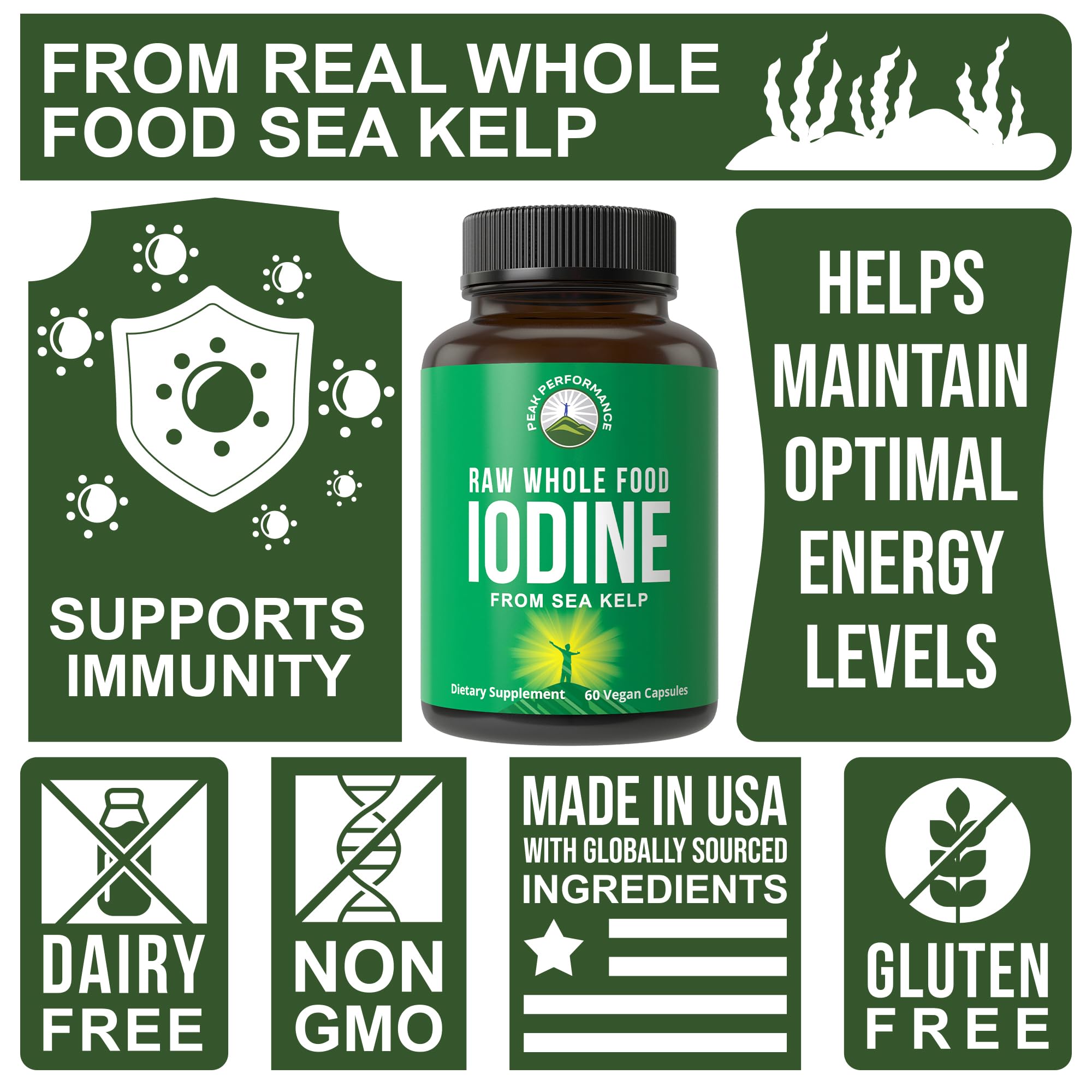 Raw Whole Food Iodine Supplement from Organic Kelp (Ascophyllum Nodosum) by Peak Performance. Potassium Iodide Support Tablets. for Metabolism, Energy, and Immune. 60 Vegan Capsules, Pills. Peak PerformanceAu supplements
