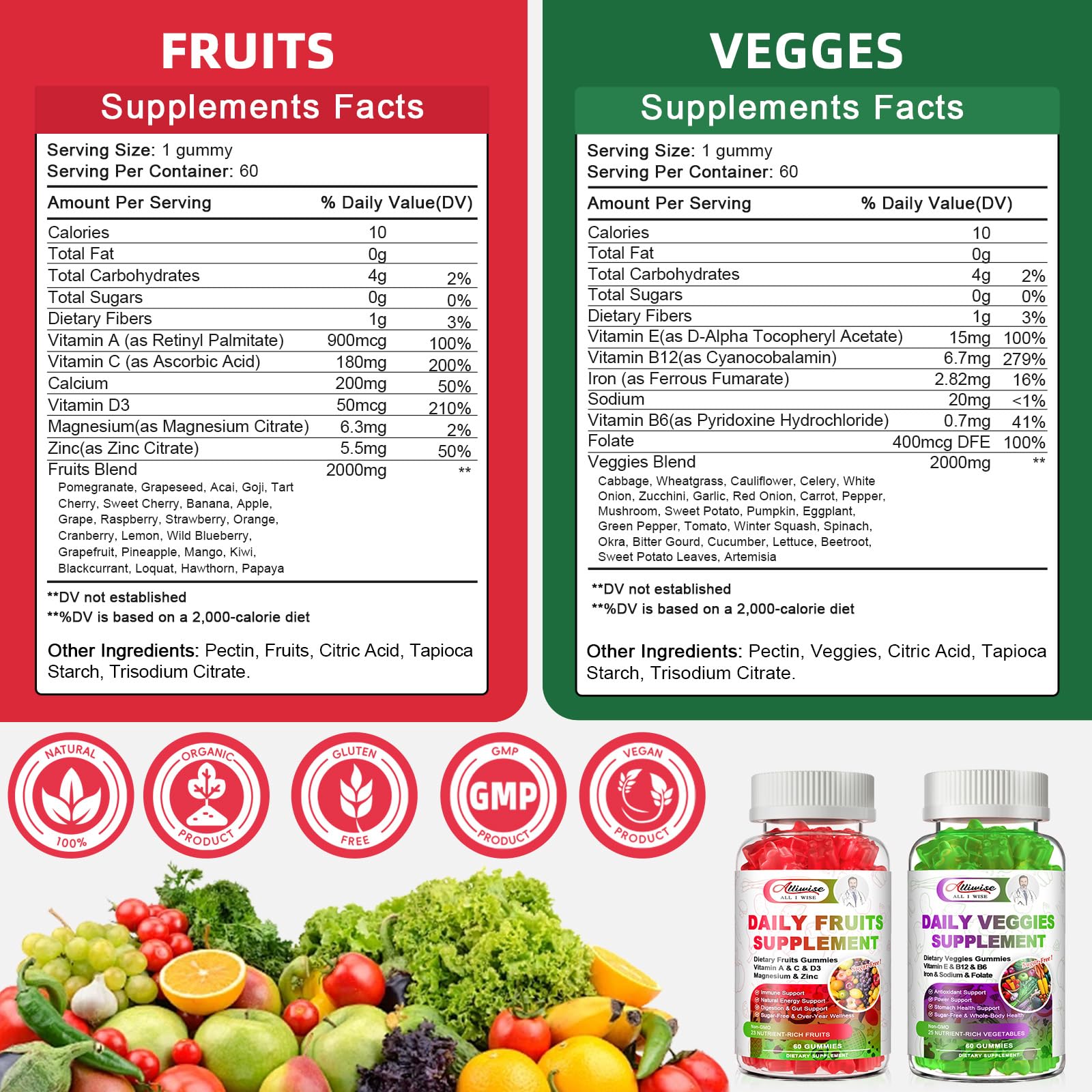 Sugar-Free Fruits & Veggies Gummies, Super Greens with 23 Fruits & 25 Veggies, Multivitamin Minerals & Fiber, Vegan Fruit & Vegetable Supplement for Adults, 120 Gummies, 2 Month Supply AlliwiseAu supplements