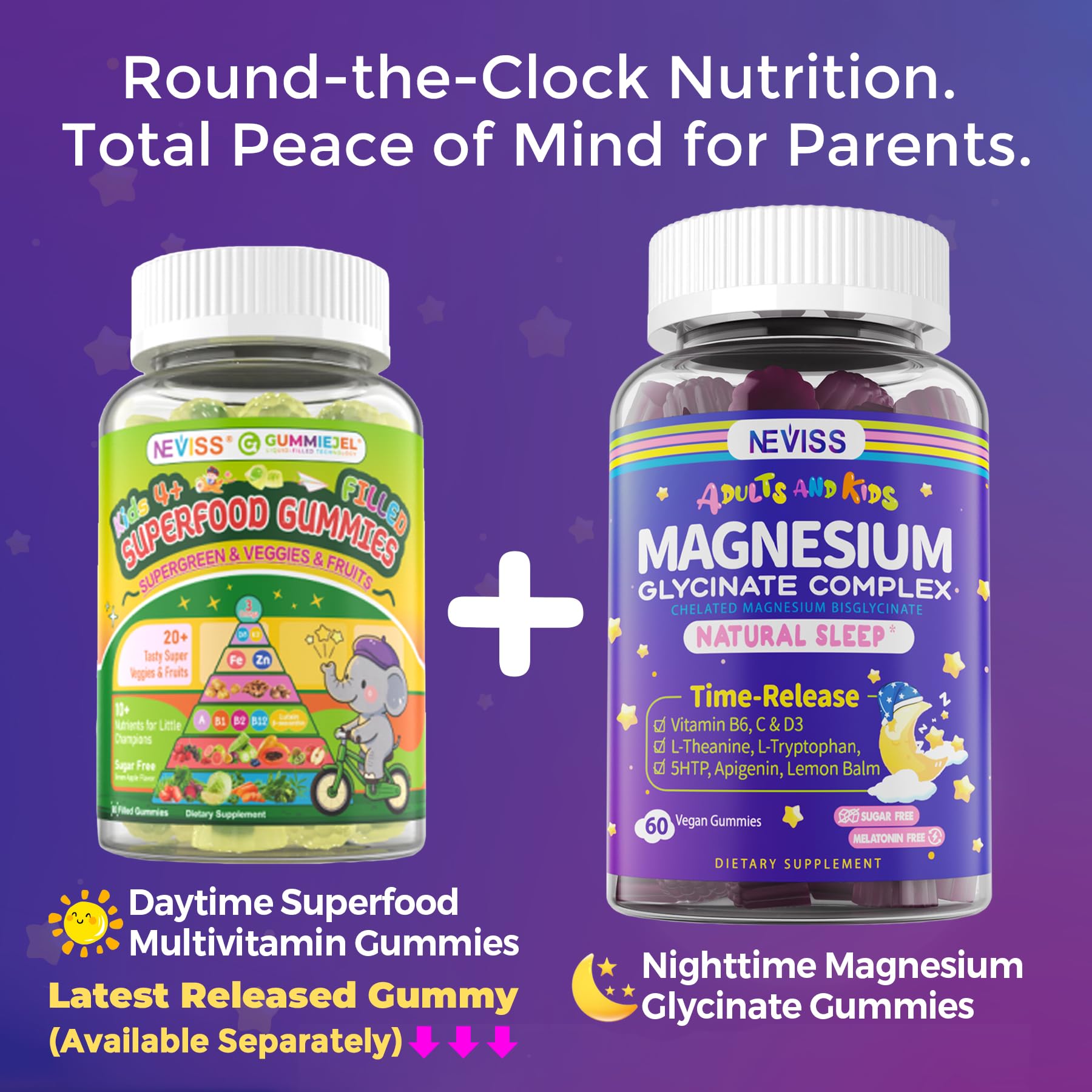 Magnesium Glycinate Gummies for Adults & Kids 4+, Sugar Free Magnesium Bisglycinate Supplement 400/200mg with B6D3, 5HTP, L-Theanine for Sleep & Relaxation, Brain, Muscle, Melatonin Free Gummies,2Pack NEVISSAu supplements