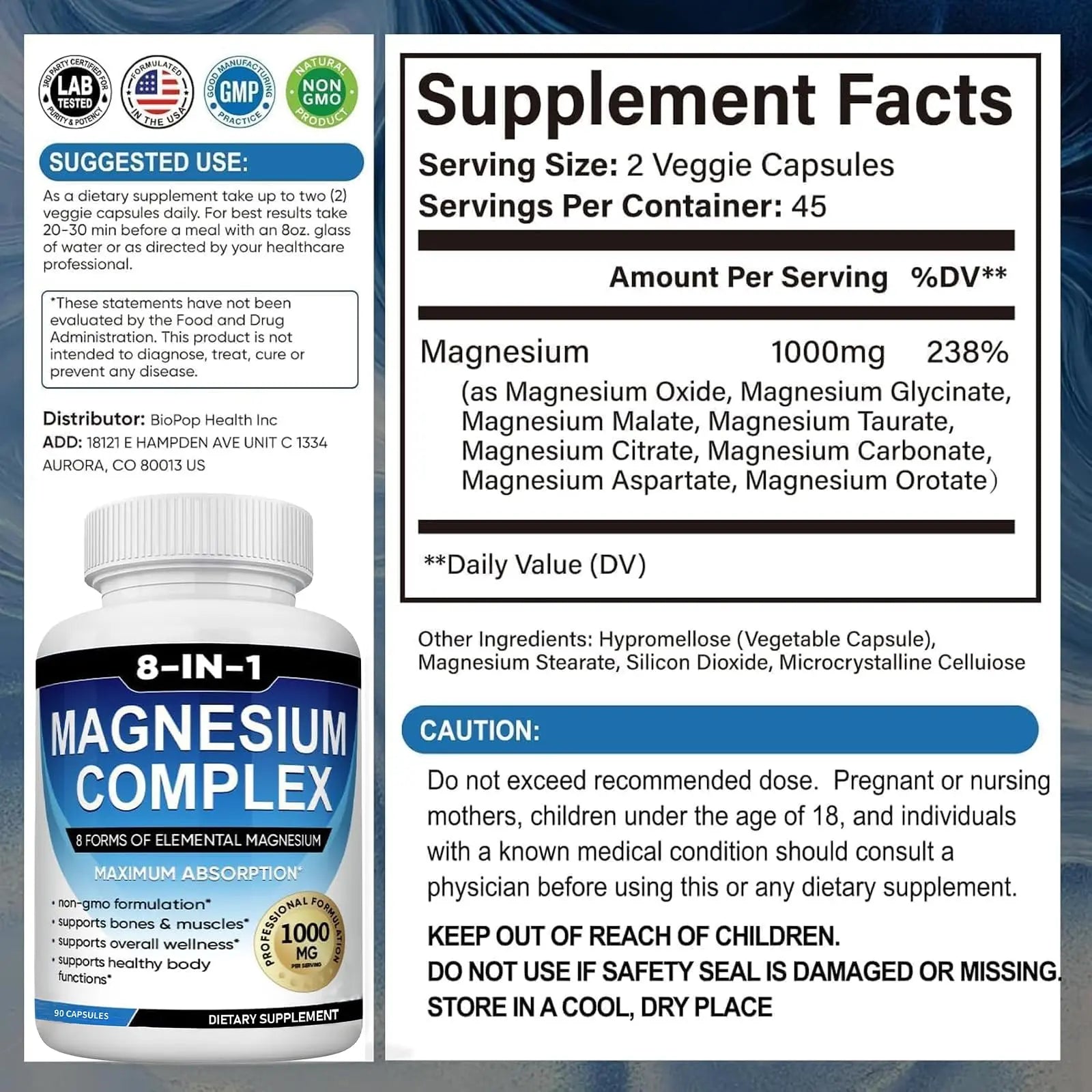 Magnesium Complex Supplement 8 Elemental 1000mg with Glycinate,Citrate for Muscle, Recovery, Stress, Energy, Bone Health, Vegan Non-GMO 180 Capsules, Magnesium Supplement for Women, Men, 2 Bottle caicieternz supplements