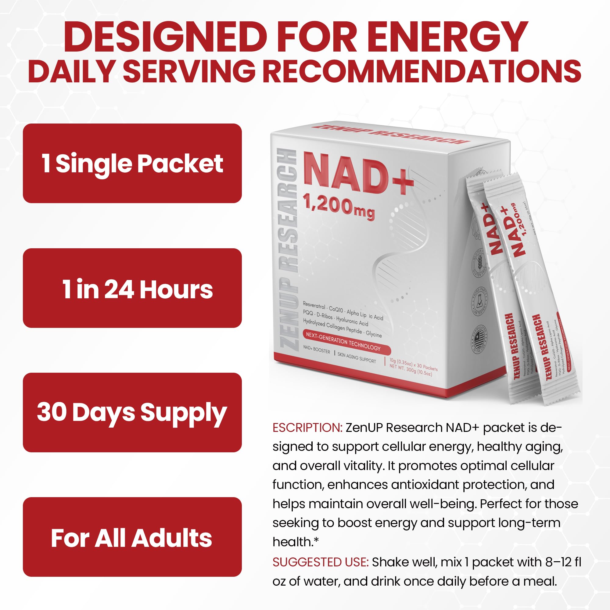 ZenUP Liquid NAD, Extra Strength 1,200mg NAD+ Supplement with CoQ10, Resveratrol, D-Ribose & PQQ for Men & Women, Natural NAD+ Stick for Anti-Aging, Energy, Focus - 30 Packets ZenUPAu supplements