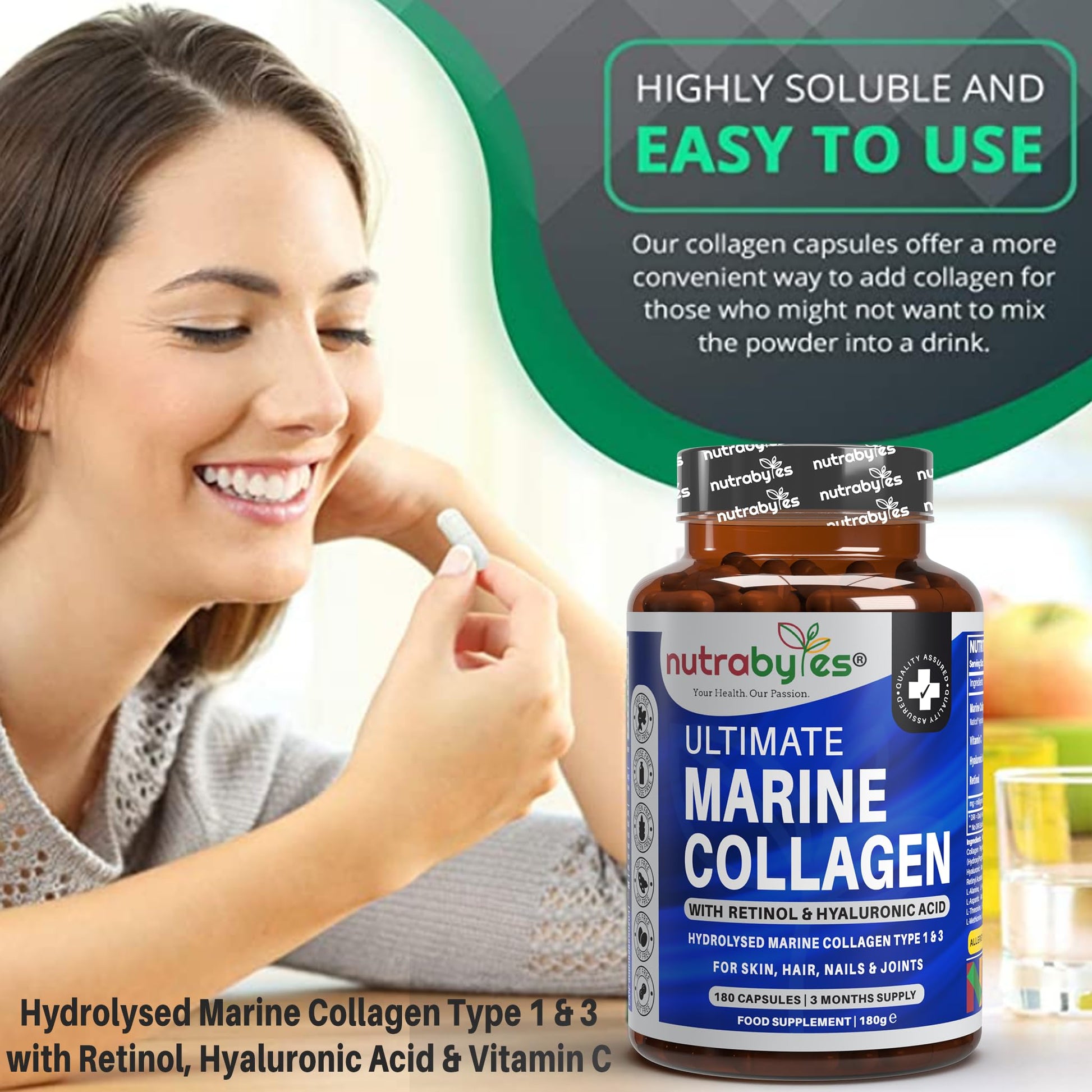 High Strength Marine Collagen with Hyaluronic Acid, Retinol and Vitamin C | 180 Capsules - 3 Months Supply NUTRABYTESAu supplements