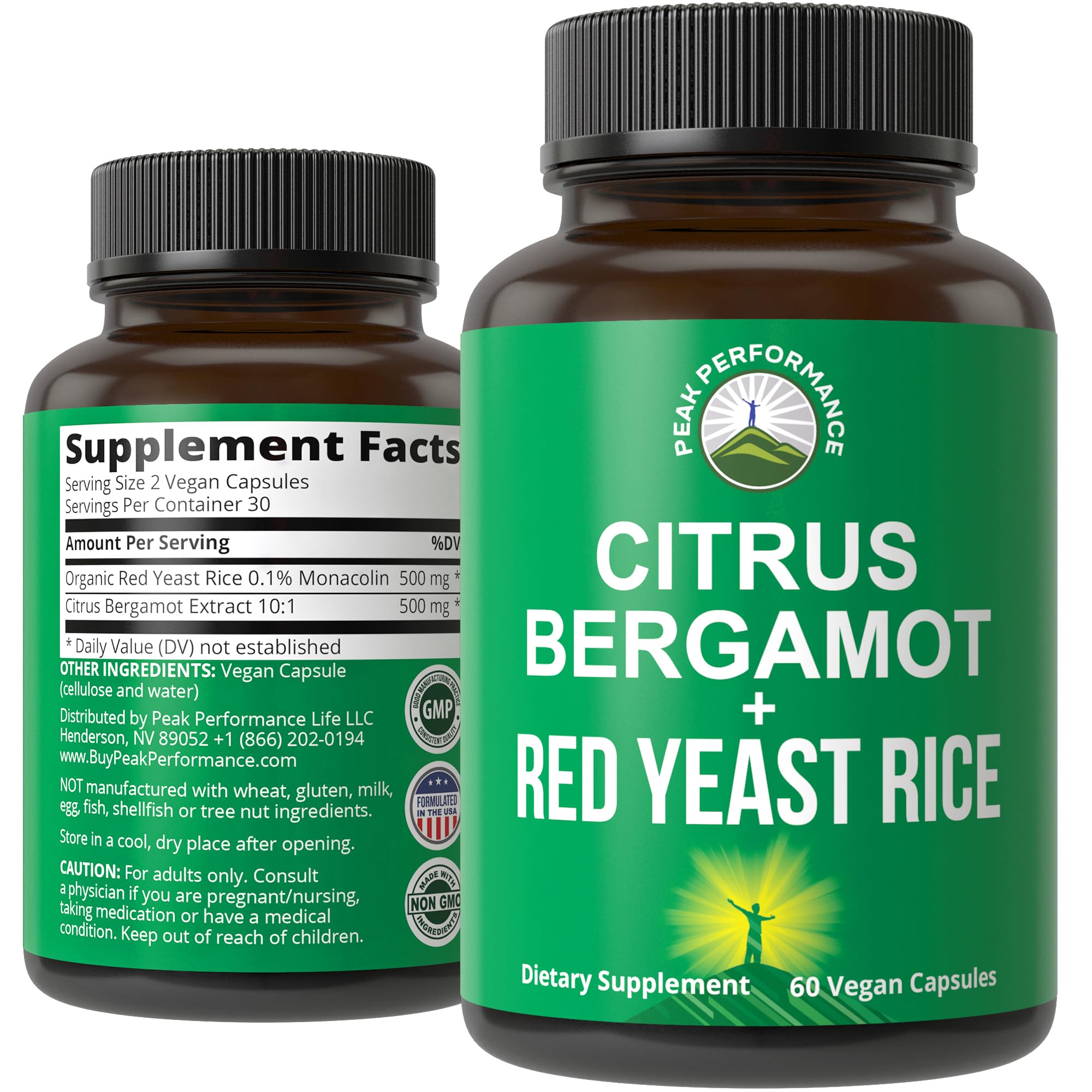 Citrus Bergamot + Red Yeast Rice. 2-in-1 Supplement. High Strength 10:1 Bergamot Extract. No Gluten, Zero Sugar, Vegan Capsules Peak PerformanceAu supplements