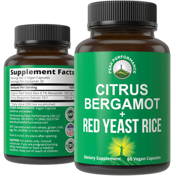 Citrus Bergamot + Red Yeast Rice. 2-in-1 Supplement. High Strength 10:1 Bergamot Extract. No Gluten, Zero Sugar, Vegan Capsules Peak PerformanceAu supplements