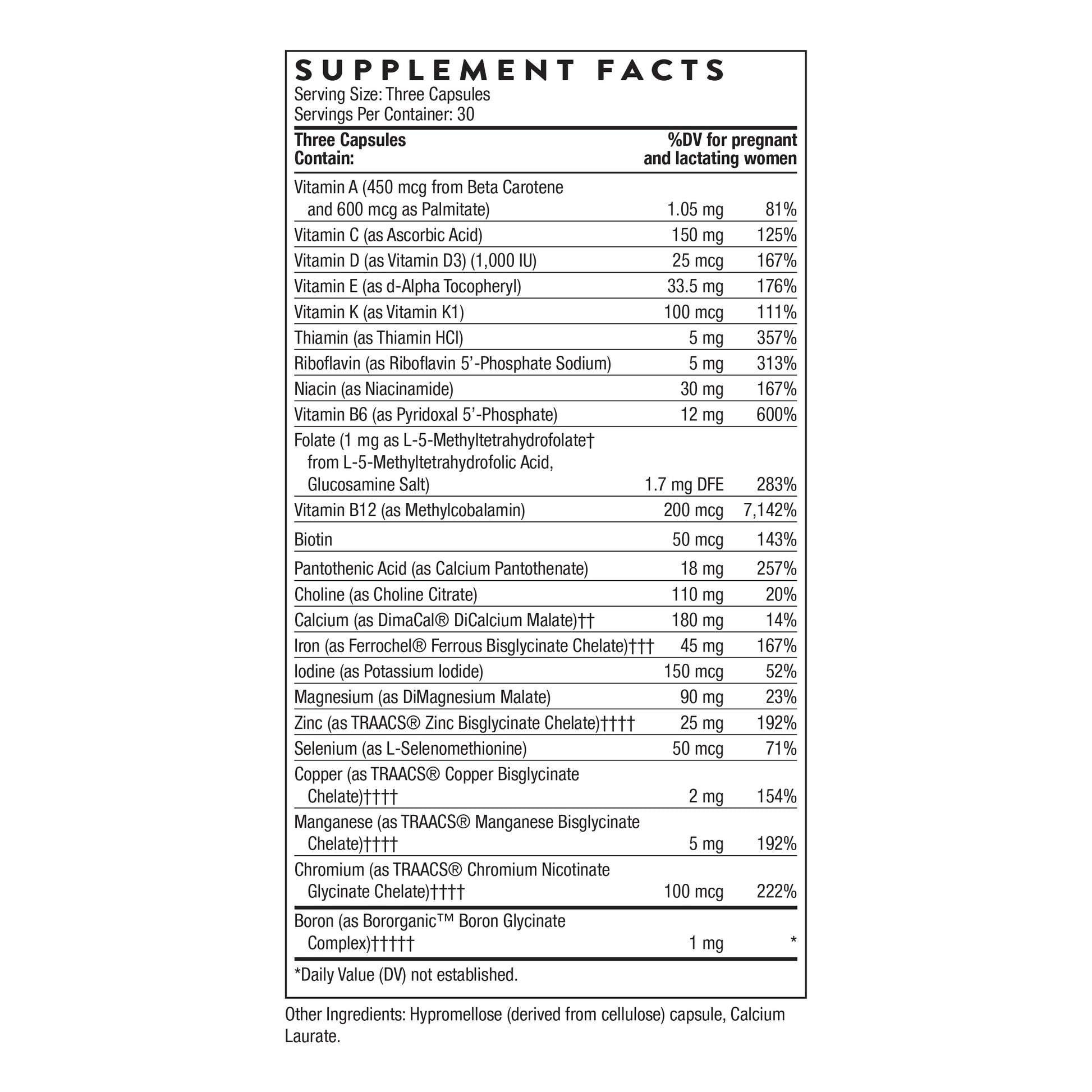 THORNE - Basic Prenatal - Well-Researched Folate Multi for Pregnant and Nursing Women Includes 18 Vitamins and Minerals, Plus Choline - Gluten, Dairy & Soy-Free - 90 Capsules - 30 Servings THORNEAu supplements