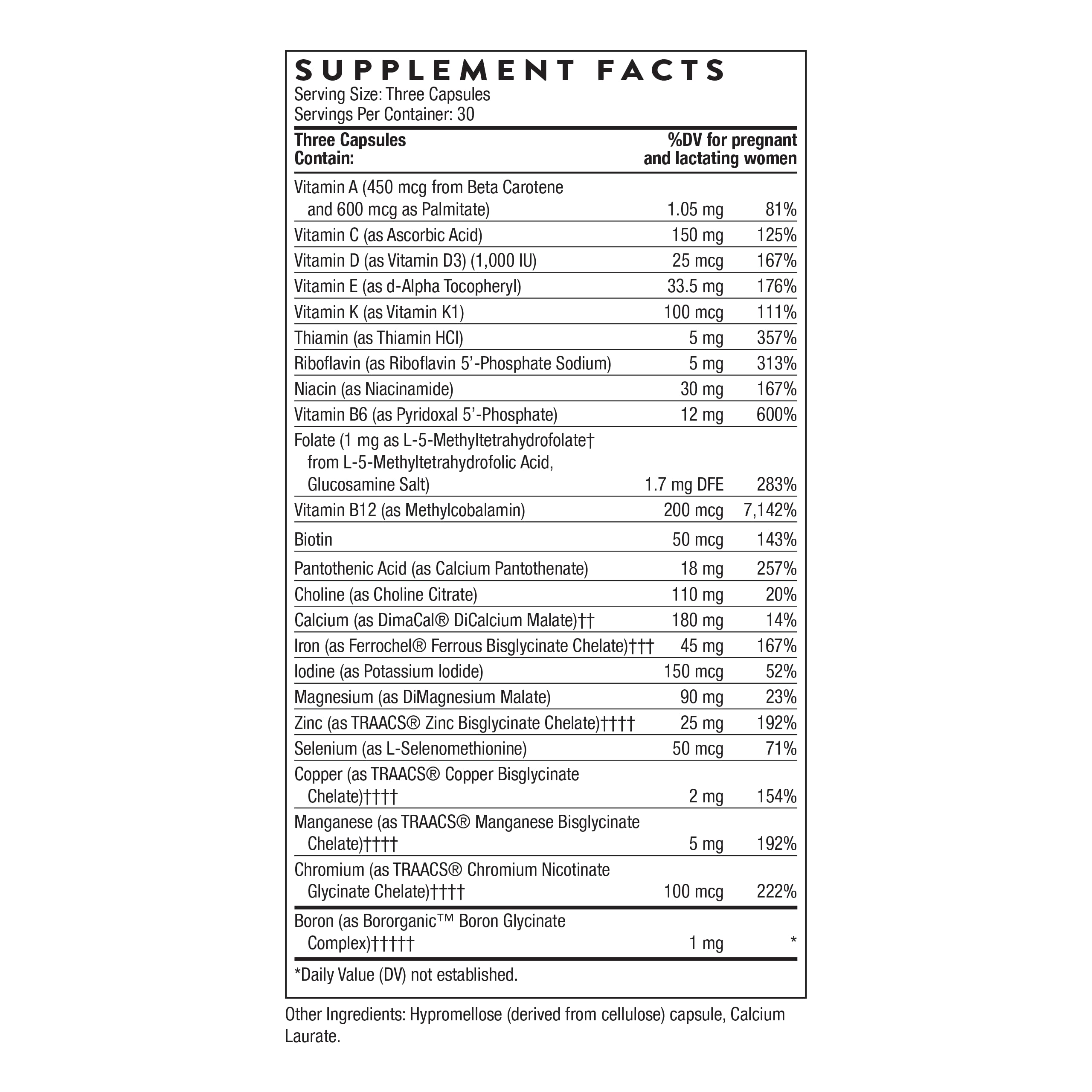 THORNE - Basic Prenatal - Well-Researched Folate Multi for Pregnant and Nursing Women Includes 18 Vitamins and Minerals, Plus Choline - Gluten, Dairy & Soy-Free - 90 Capsules - 30 Servings THORNEAu supplements