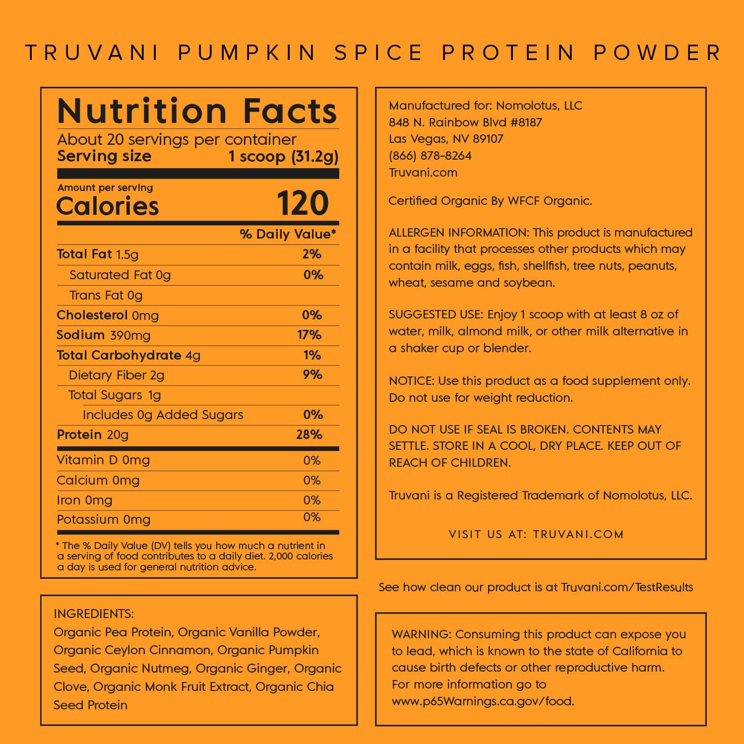 Truvani Organic Vegan Protein Powder Pumpkin Spice - 20g of Plant Based Protein TruvaniUS supplements