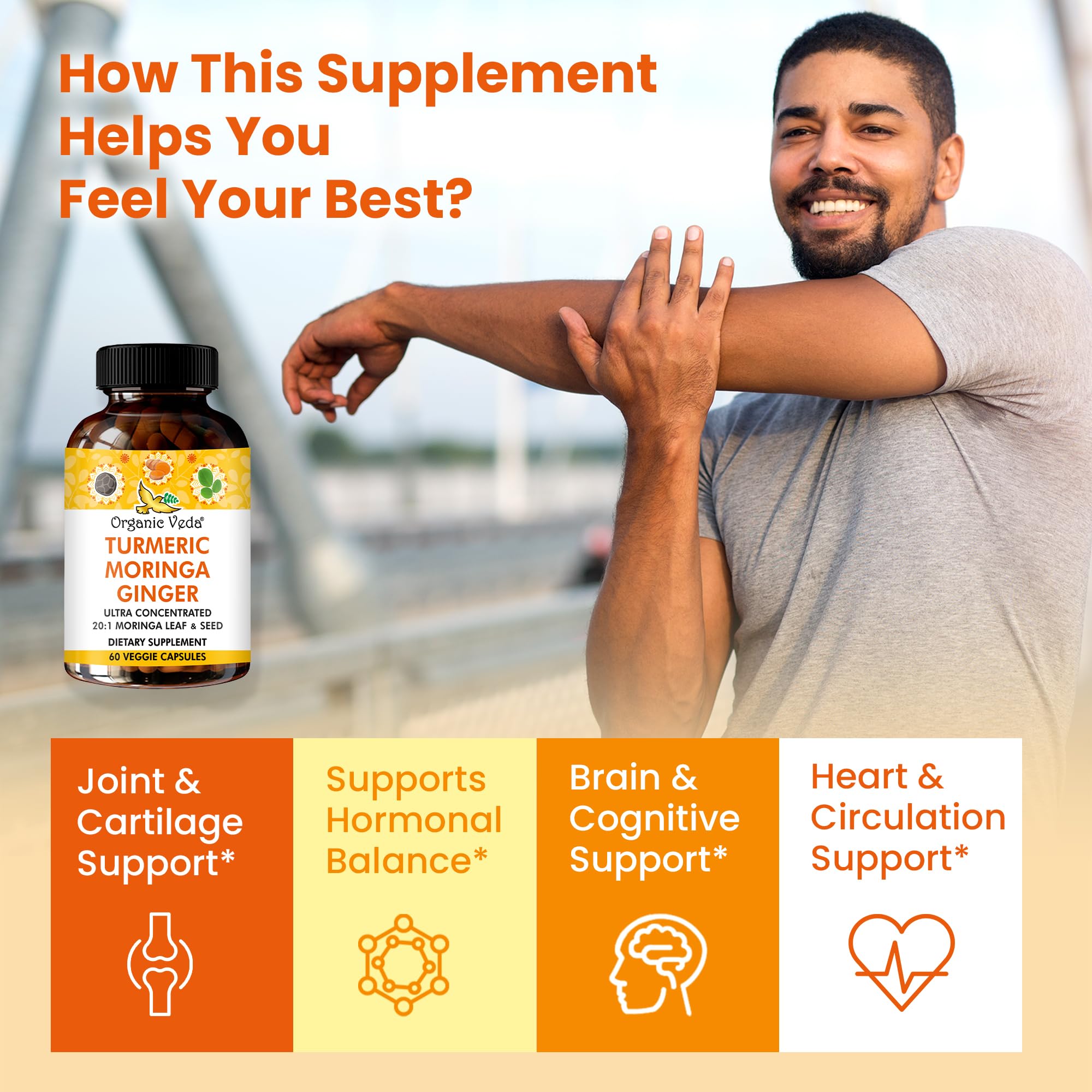 Organic Veda Turmeric Moringa Ginger Capsules - Super Antioxidants & Curcumin Supplement with 20:1 Moringa Leaf & Seed Extract, Black Pepper - Energy, Joints, Heart Health Support - 60 Vegan Pills Organic VedaAu supplements