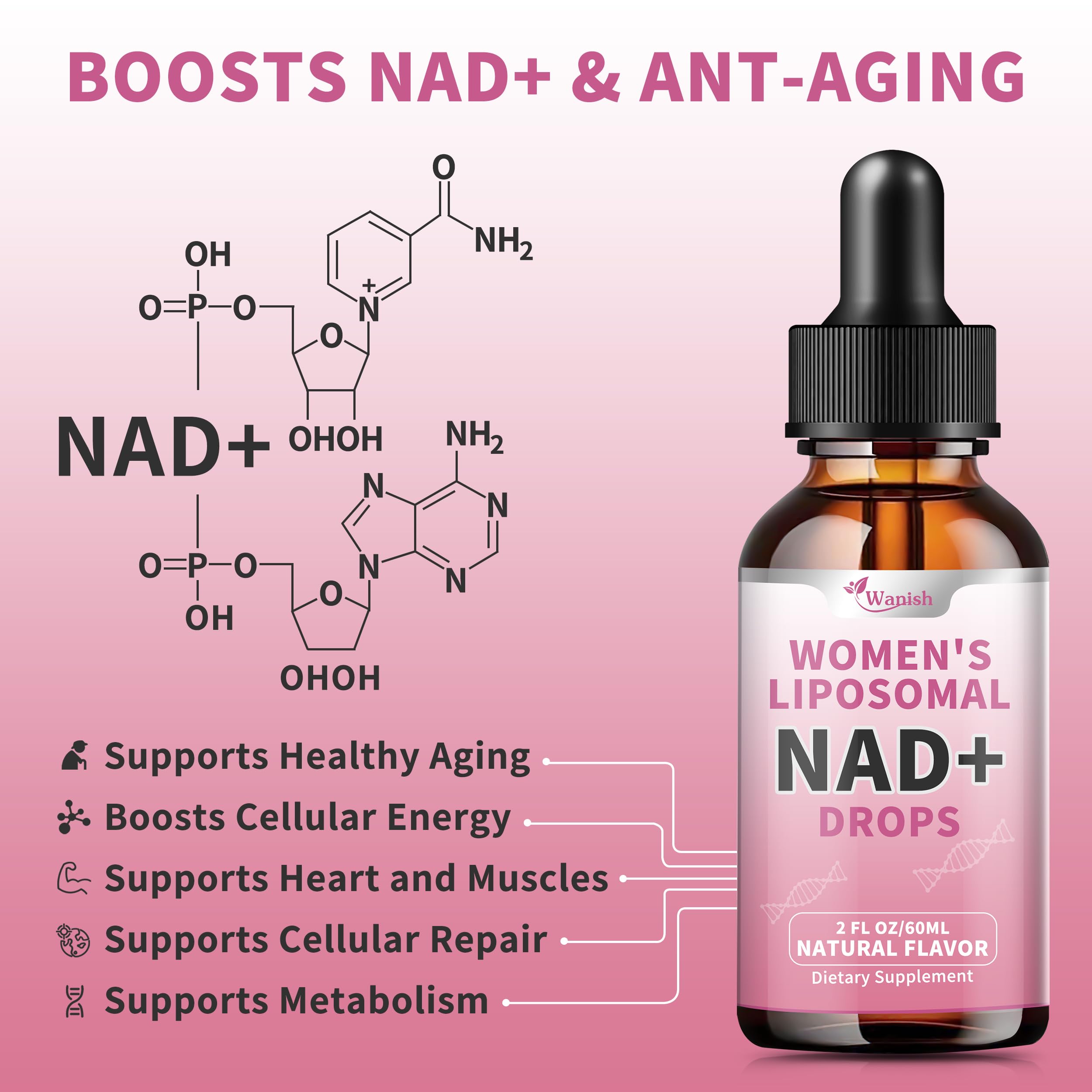 Liposomal NAD Liquid Supplement for Women, Pure 500mg NAD Nicotinamide - Cell Regeneration，Energy & Metabolism Support, Vegan,Sugar Free，Additives Free，2 Fl Oz WanishAu supplements