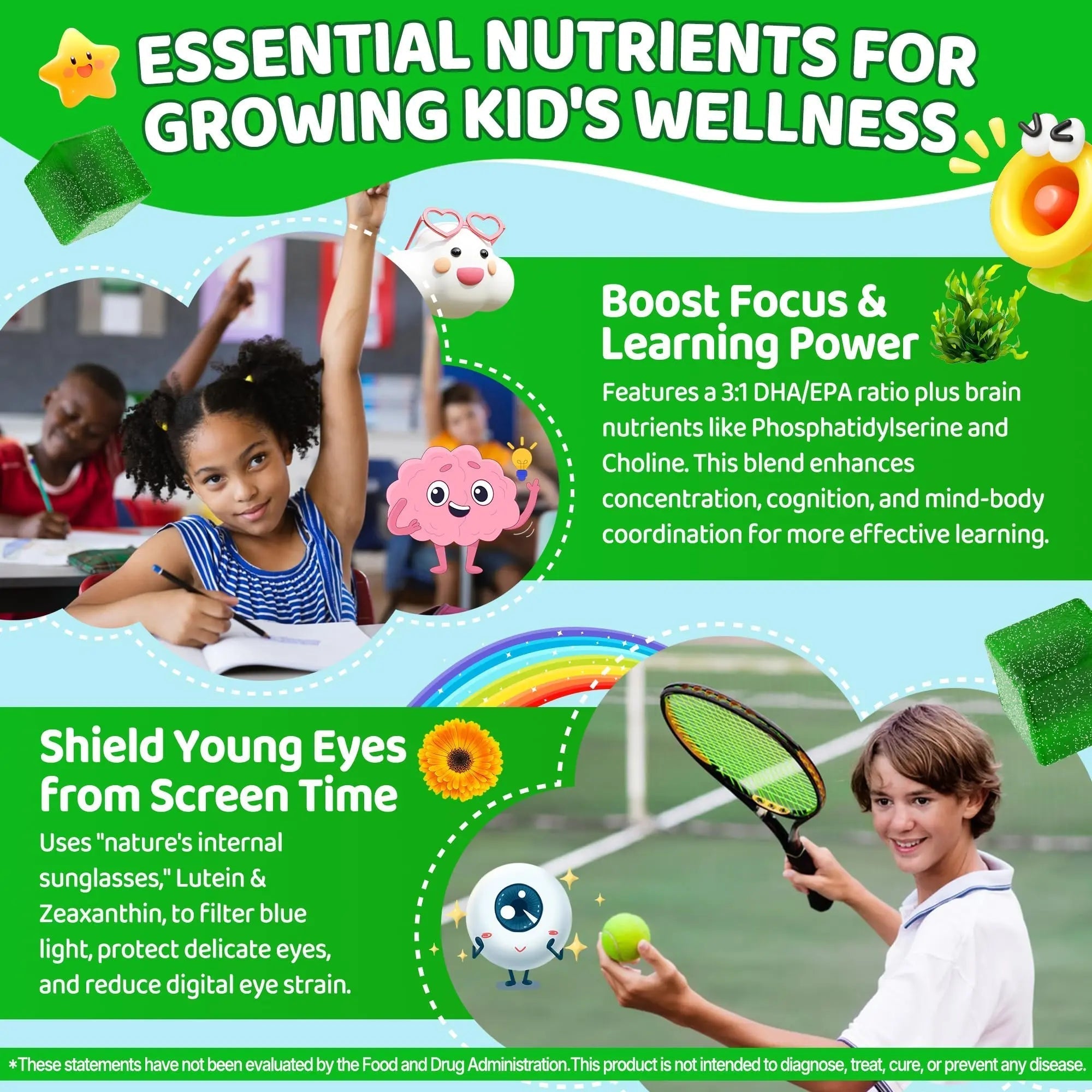 Kids Super Greens Gummies, w/Multivitamins, Spirulina, Chlorella, Spinach, Broccoli, Calcium, Omega-3 (DHA/EPA) EnvyCureAu supplements