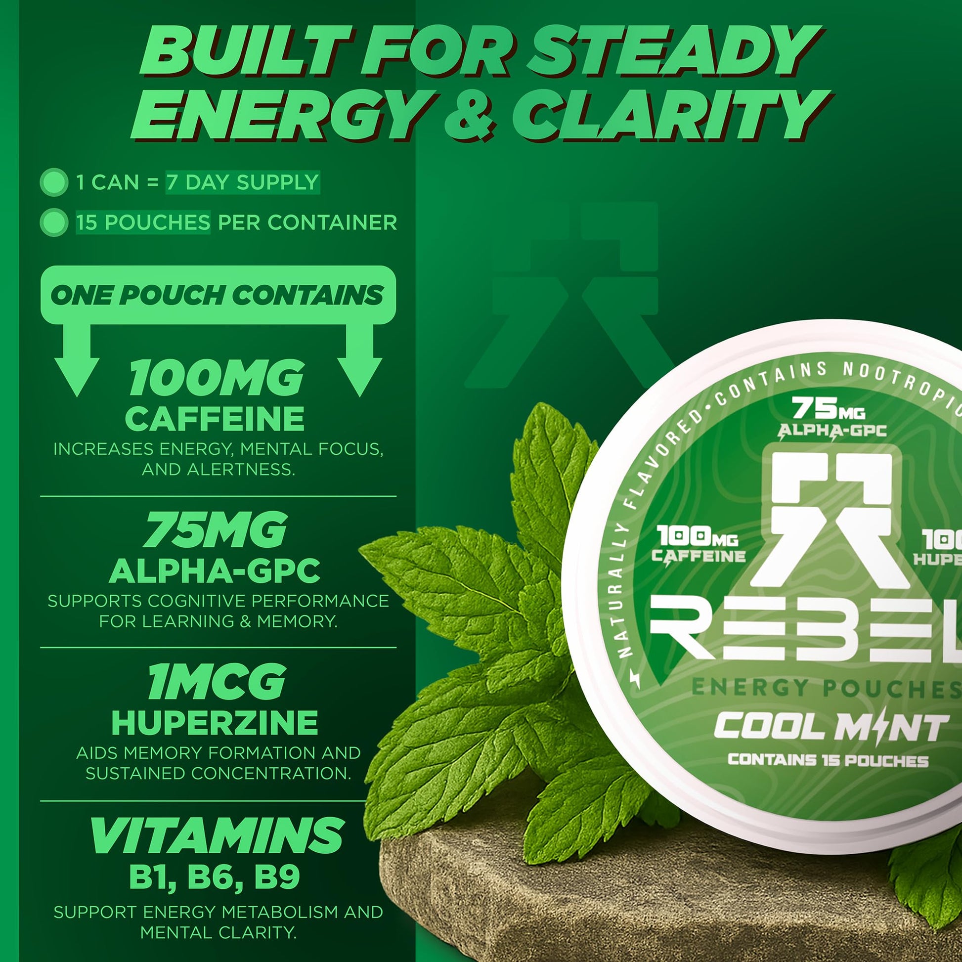 Rebel Nootropic Energy Caffeine Pouches (Cool Mint) • 100mg Caffeine • Alpha GPC • Huperzine A & Essential Vitamins • Sugar-Free • Coconut Fiber Technology • 15 Pouches Per Can (Pack of 4) Rebel SupplementsAu supplements