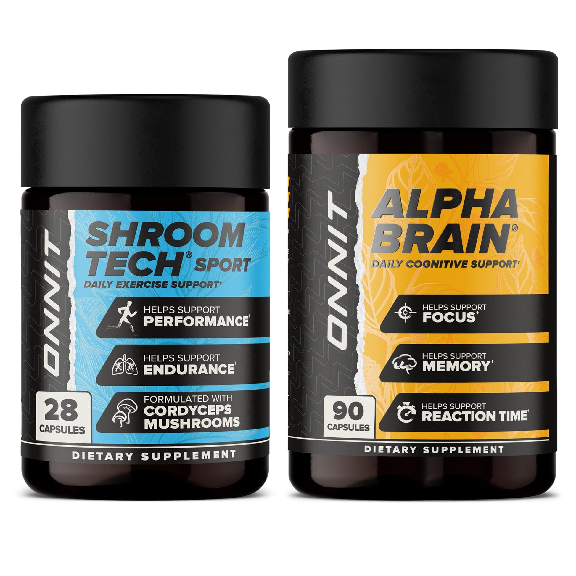 ONNIT Cognitive & Endurance Support Bundle: Alpha Brain Nootropic Capsules (90 Count) + Shroom Tech Sport Exercise Support Capsules (28 Count), IGEN Non-GMO Tested Focus, Energy & Endurance, 2 Pack ONNITAu supplements
