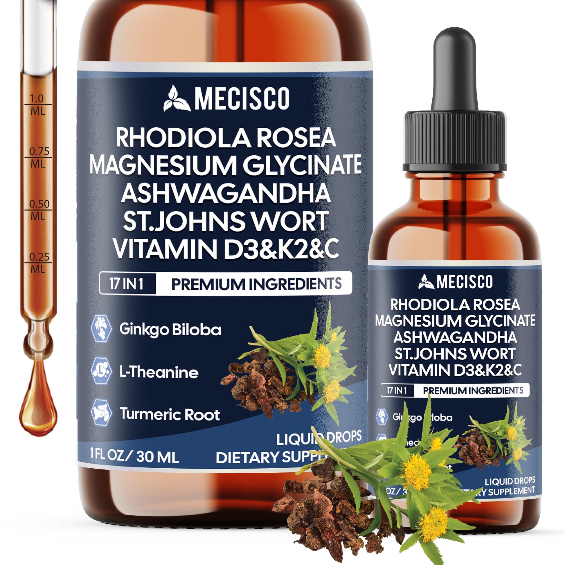 17in1 Rhodiola Rosea Liquid Drops with blend Ashwagandha Magnesium, L-Theanine. Ultra Strength Rhodiola Cortisol Supplement, Rhodiola Root for Support Relaxation, Mood, Energy - 1 FL Oz - 60 Day MeciscoAu supplements