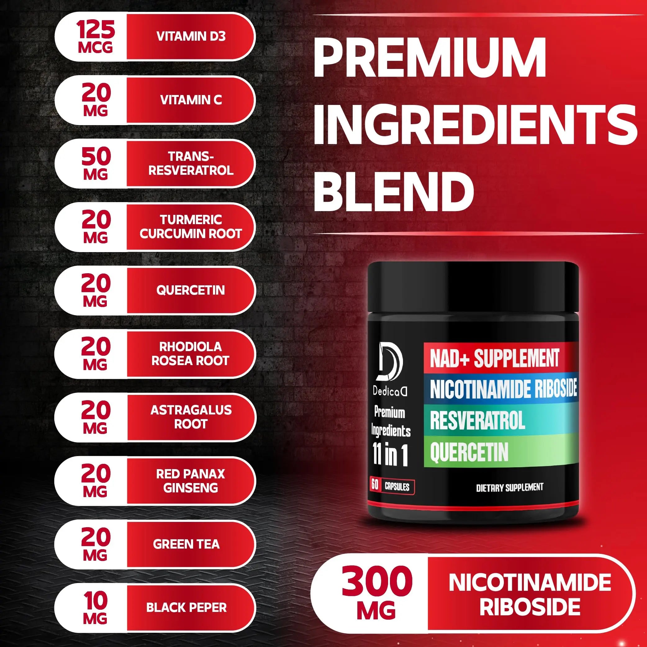 DEDICAD 11in1 NAD Supplement with Nicotinamide Riboside, Quercetin, Resveratrol and 8 More - 2 Month Supply DEDICADnz supplements