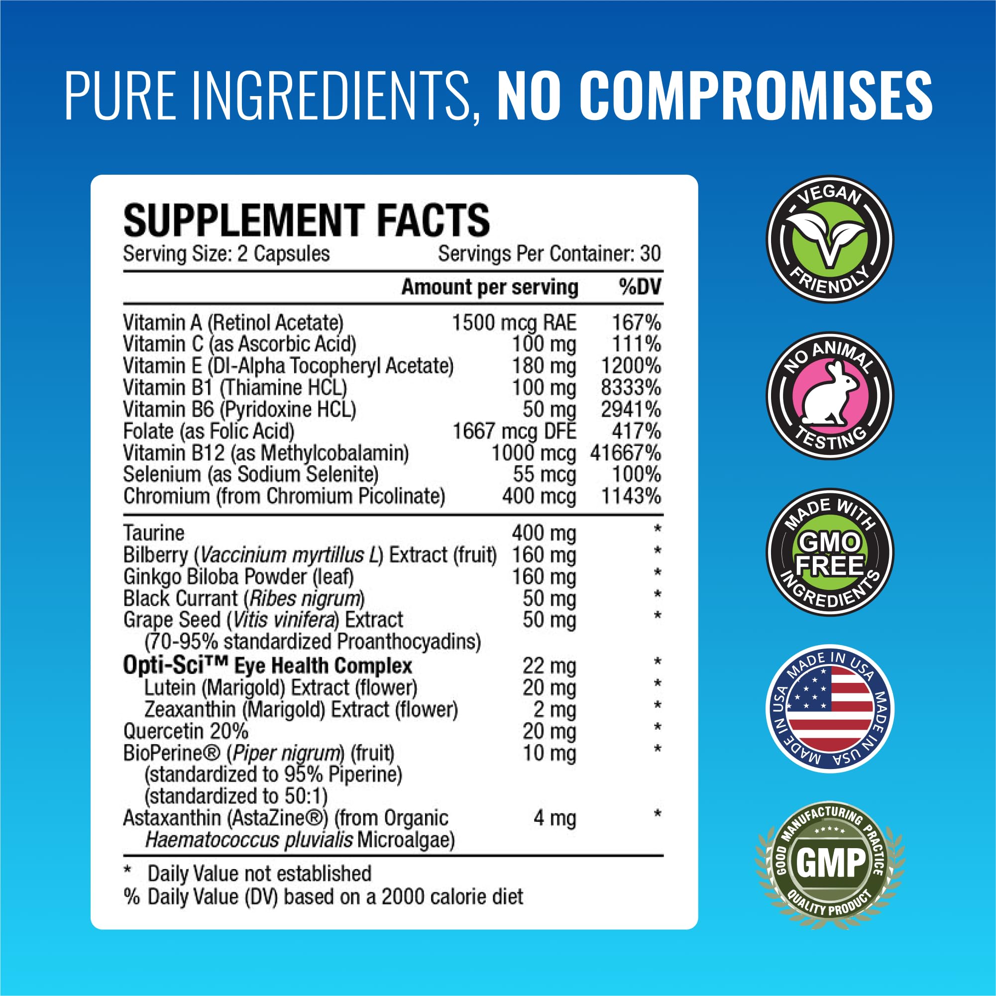 Approved Science EyeSyl - Eye Support Supplement - Chromium Picolinate, Taurine, Lutein, Zeaxanthin, Bilberry, BioPerine - 1 Month Supply - 60 Capsules - Made in The USA Approved ScienceAu supplements