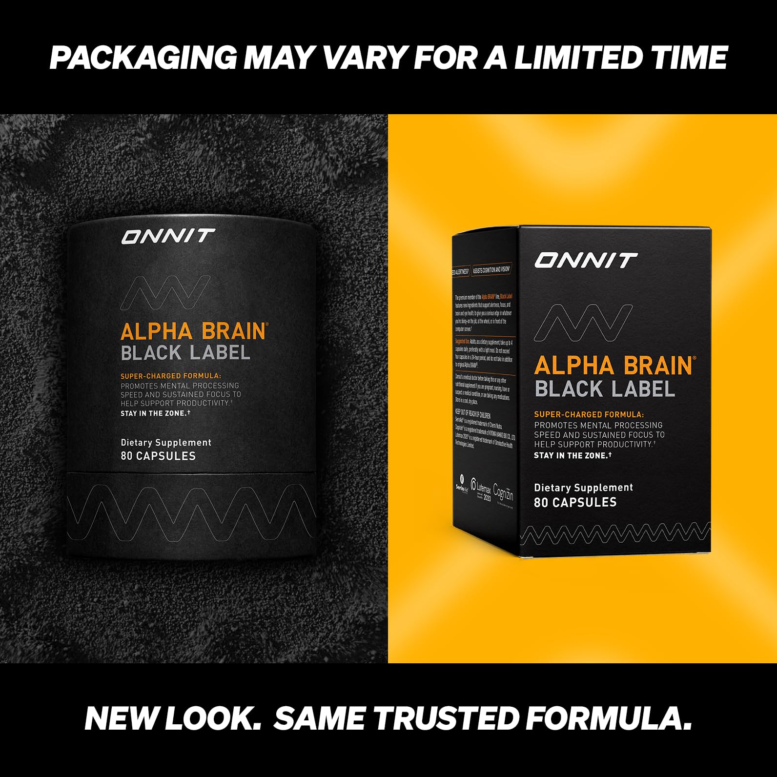ONNIT Alpha Brain Black Label Capsules, IGEN Non-GMO Tested Citicoline Brain Supplement for Concentration and Memory, Lion’s Mane, Lutemax Lutein, L Theanine and Mucuna Pruriens, 80 Count ONNITAu supplements