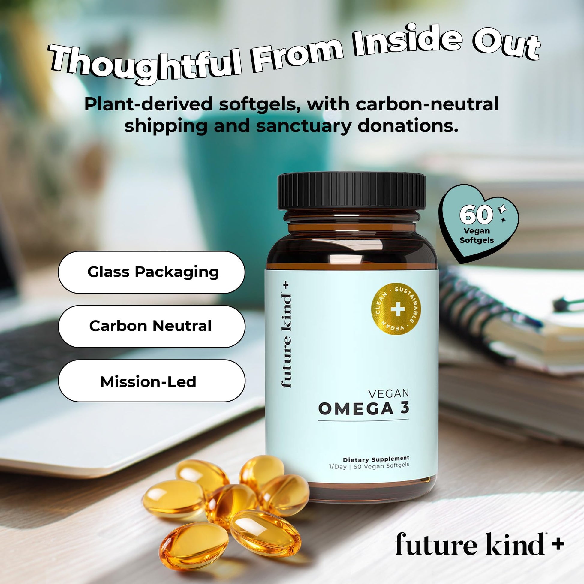 Future Kind Omega-3 Supplement for Clarity, Memory, and Mobility Comfort, 2 Months Supply of Citrus-Scented Softgels with EPA and DHA, Vegan Omega-3 Supplement from Algae, Carrageenan Free, 60 Count Future KindAu supplements
