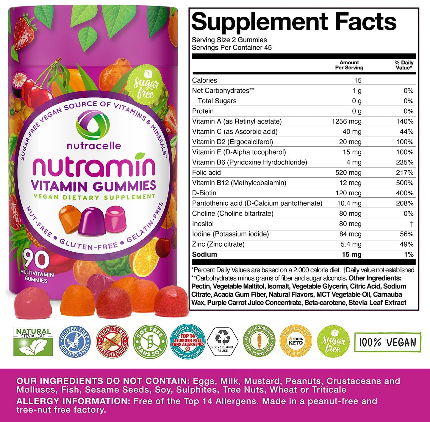 NUTRAMIN Daily Vegan Keto Multivitamin Gummies Vitamin C, D2, and Zinc for Immunity NutracelleUS supplements