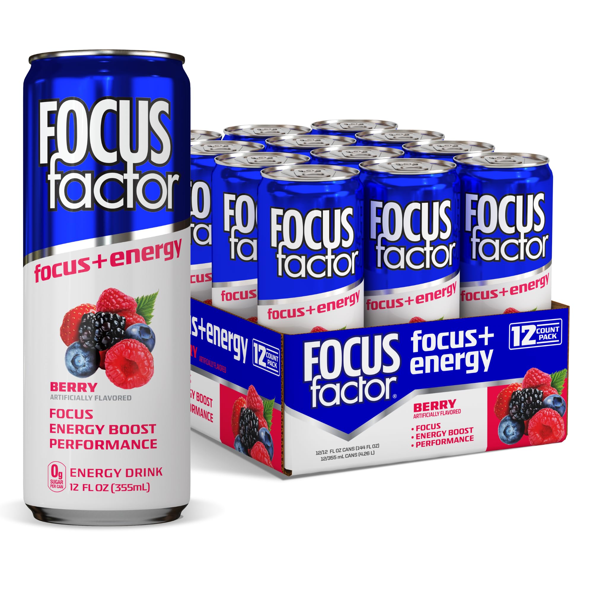 Focus Factor Energy Drink - 12 x 355ml Cans (Berry Flavour) - with Focus + Energy - Lightly Carbonated, Sugar Free, Low Calorie with Vitamin B6 & Vitamin B12 Focus FactorAu supplements