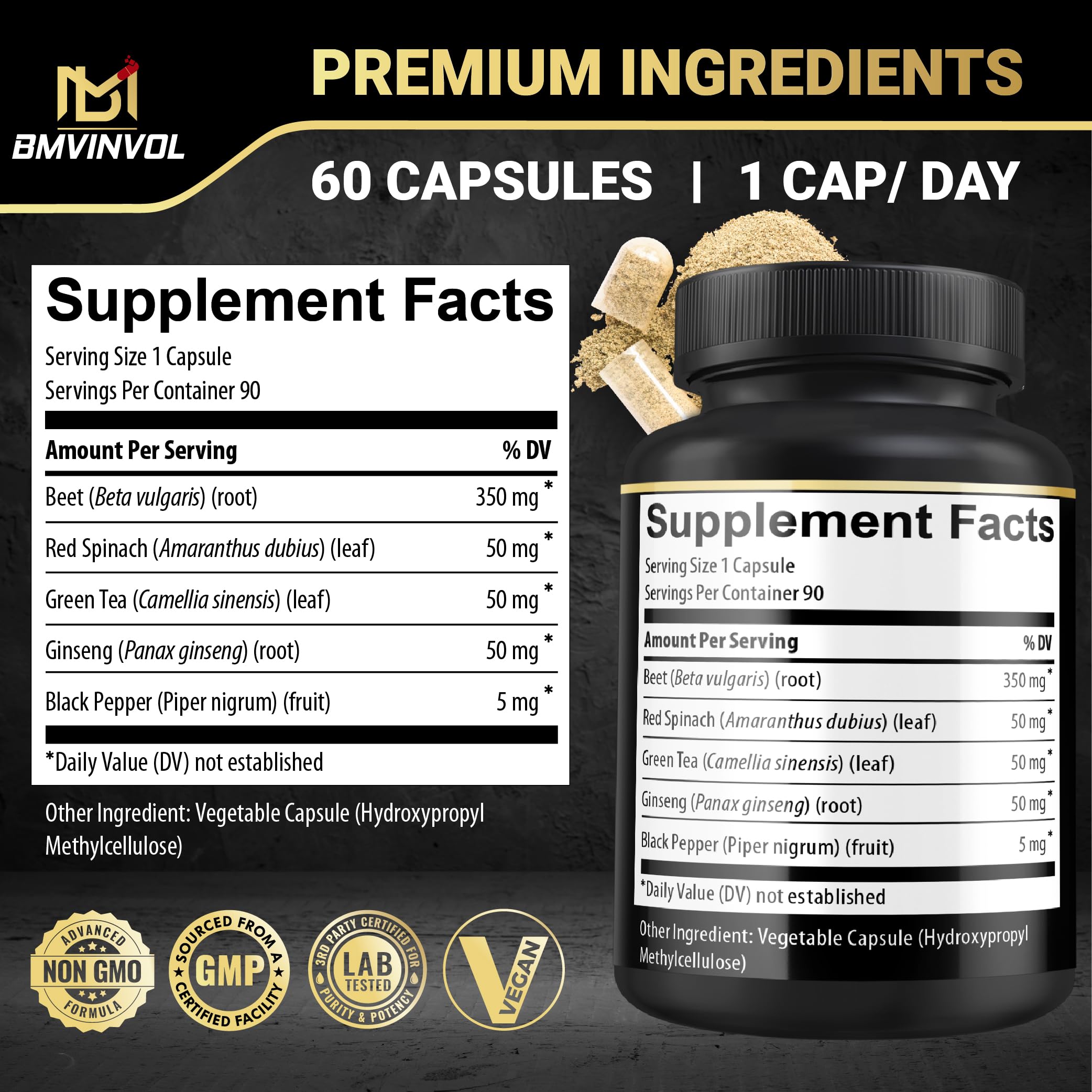 Beet Root Capsules - Green Tea, Red Spinach, Ginseng, Black Pepper - 90 Count - Supports Digestive, Immune System, Energy Levels - 3 Month Supply BMVINVOLAu supplements