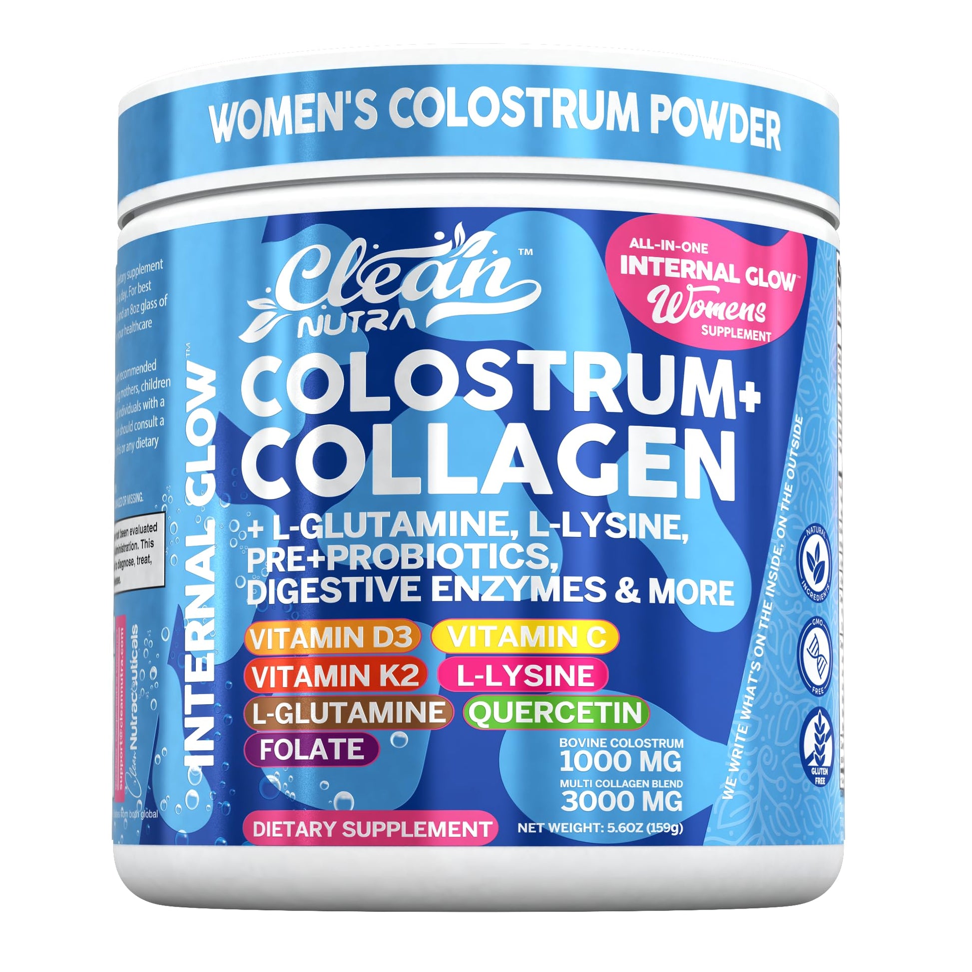 Bovine Colostrum Powder + Collagen Peptides with L-Glutamine L-Lysine Prebiotics Probiotics Digestive Enzymes Vitamin D K2 C Quercetin & Folate | Gut Health Supplement Internal Glow By Clean Nutra Clean NutraceuticalsAu supplements