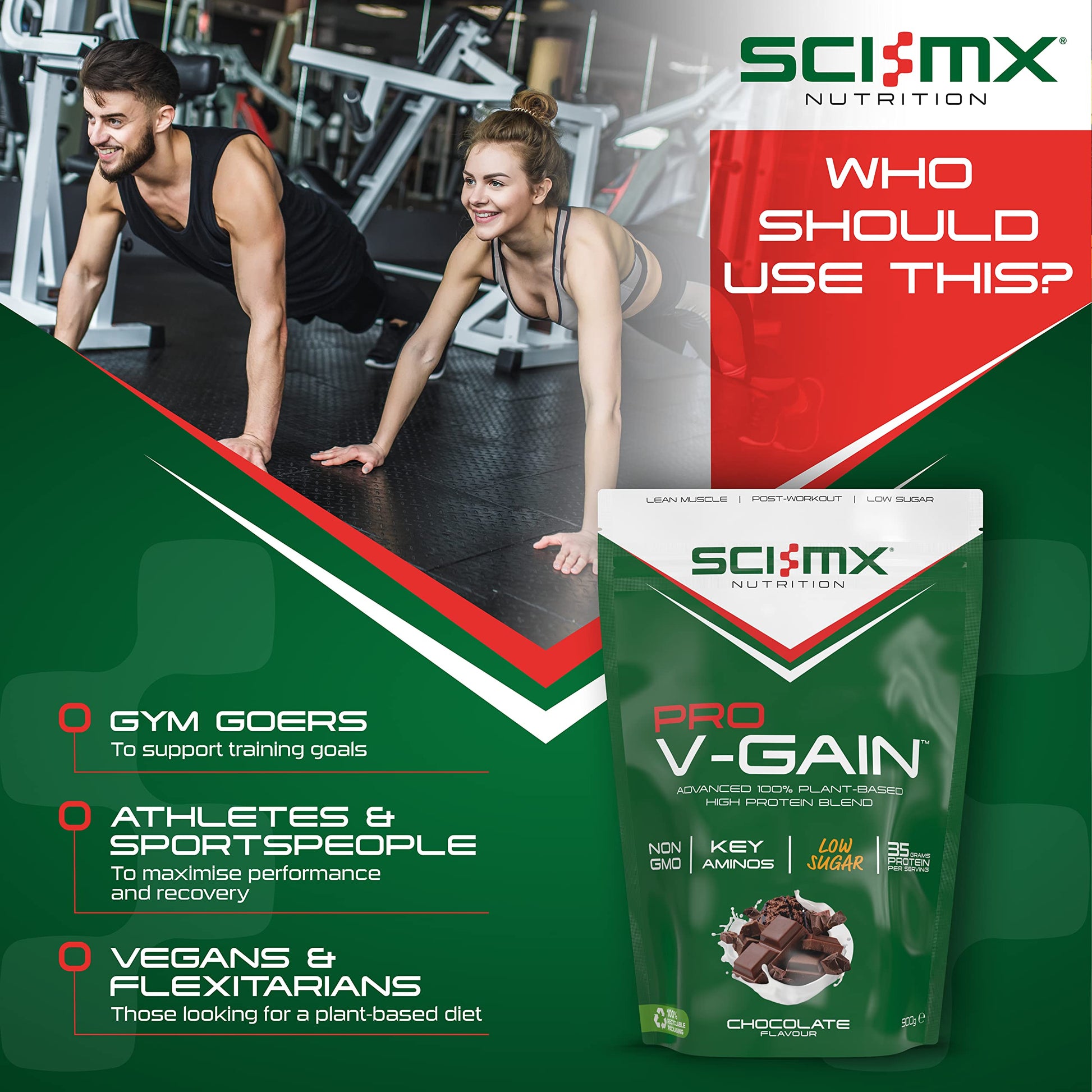 SCI-MX Pro V Gain 100% Plant Based Vegan Protein Formula With No Added Sugar - Chocolate Flavour - 900g - 20 SERVINGS SCI-MXAu supplements