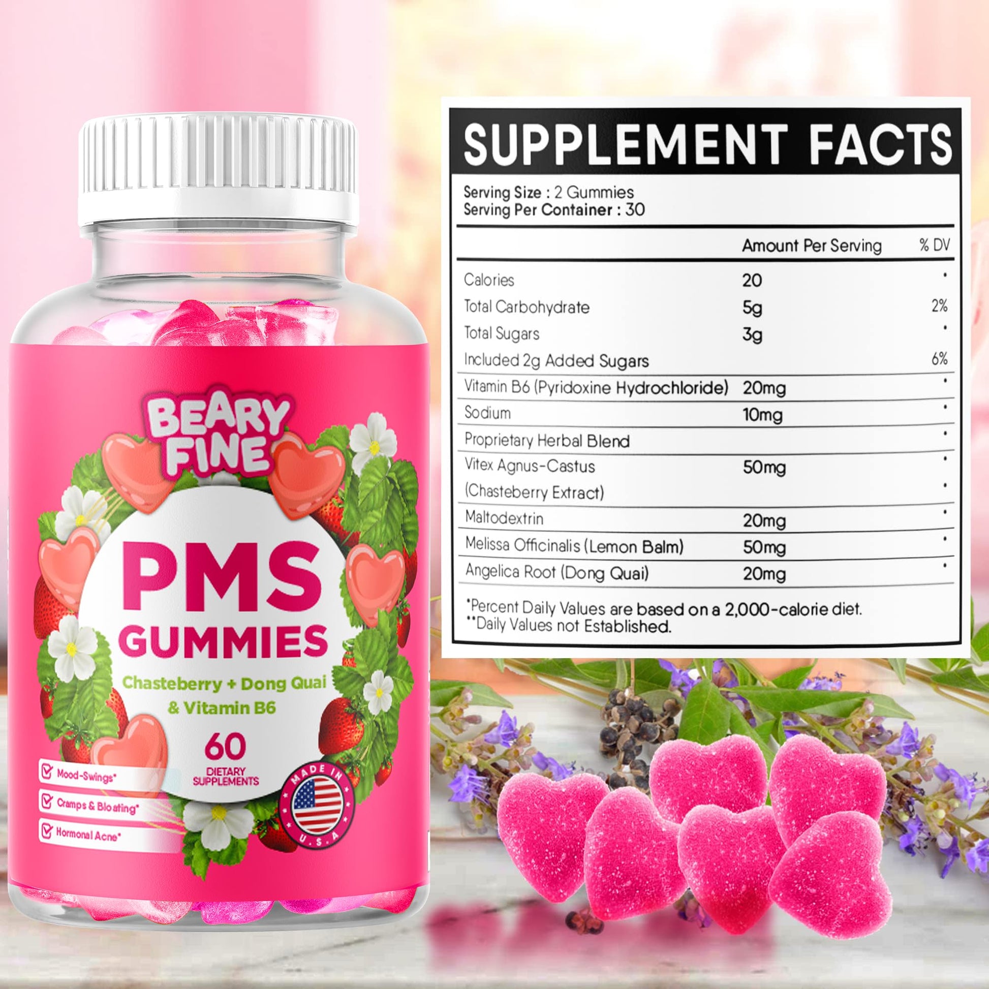 Beary Fine PMS Gummies - PMS Vitamins for Women & Teens - PMS Period Relief - Cramping, Bloating, Mood Swings - Made in The USA (Strawberry, 60 Count) Beary FineAu supplements