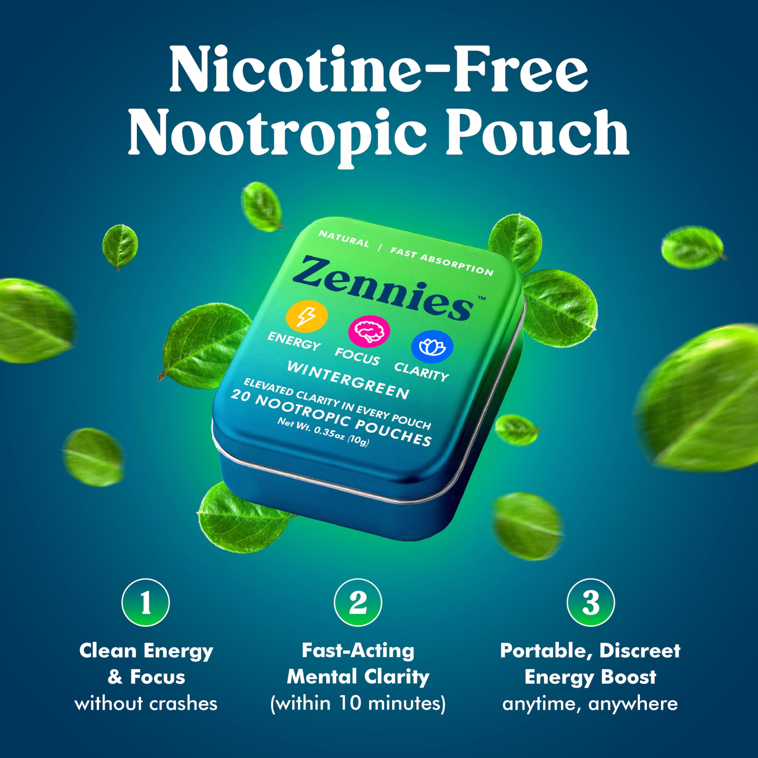 Zennies Caffeine Nootropic Pouches with Alpha GPC, L-Tyrosine & L-Theanine, Lion's Mane, Cordyceps, Reishi - Nicotine Free, No Sugar or Artificial Sweeteners Nootropic Energy Pouches, Wintergreen 1 PK ParroxAu supplements