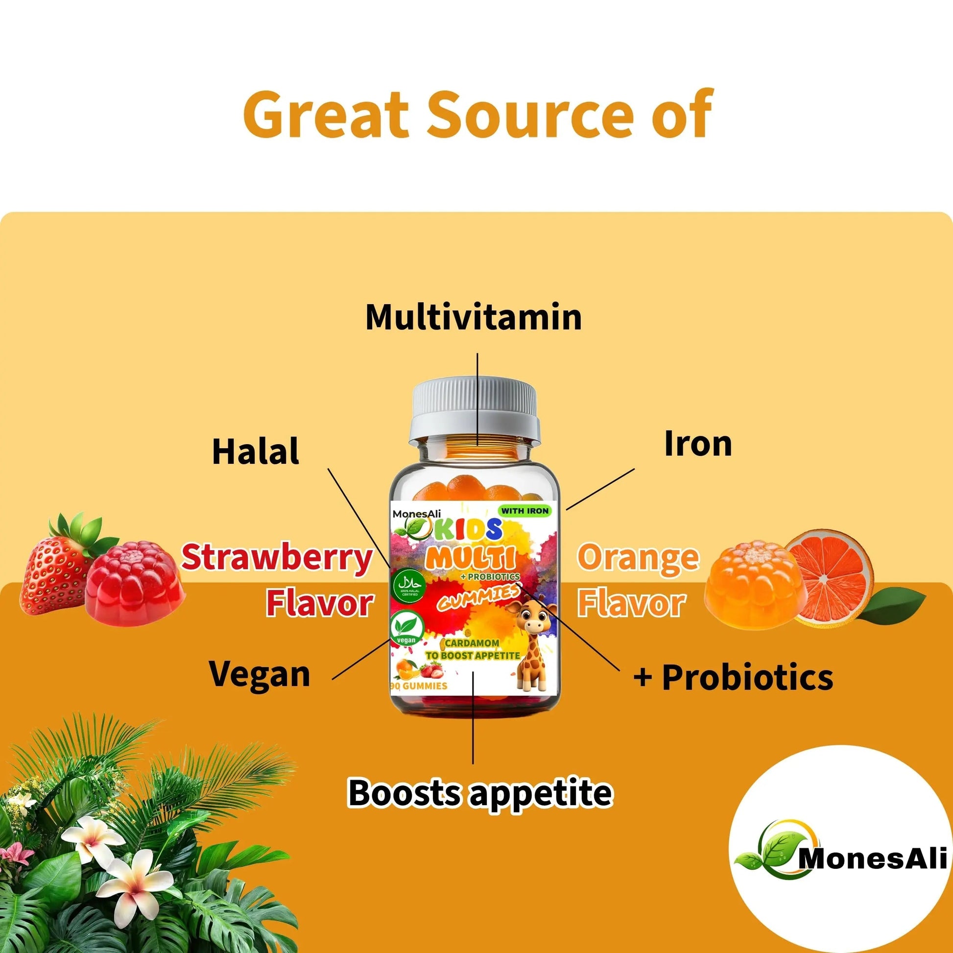 MonesAli Kids Multivitamin Gummies with Iron & Probiotics – Vegan, Gelatin-Free, Halal, Orange & Strawberry Flavors, 90 Count MonesAliAu supplements