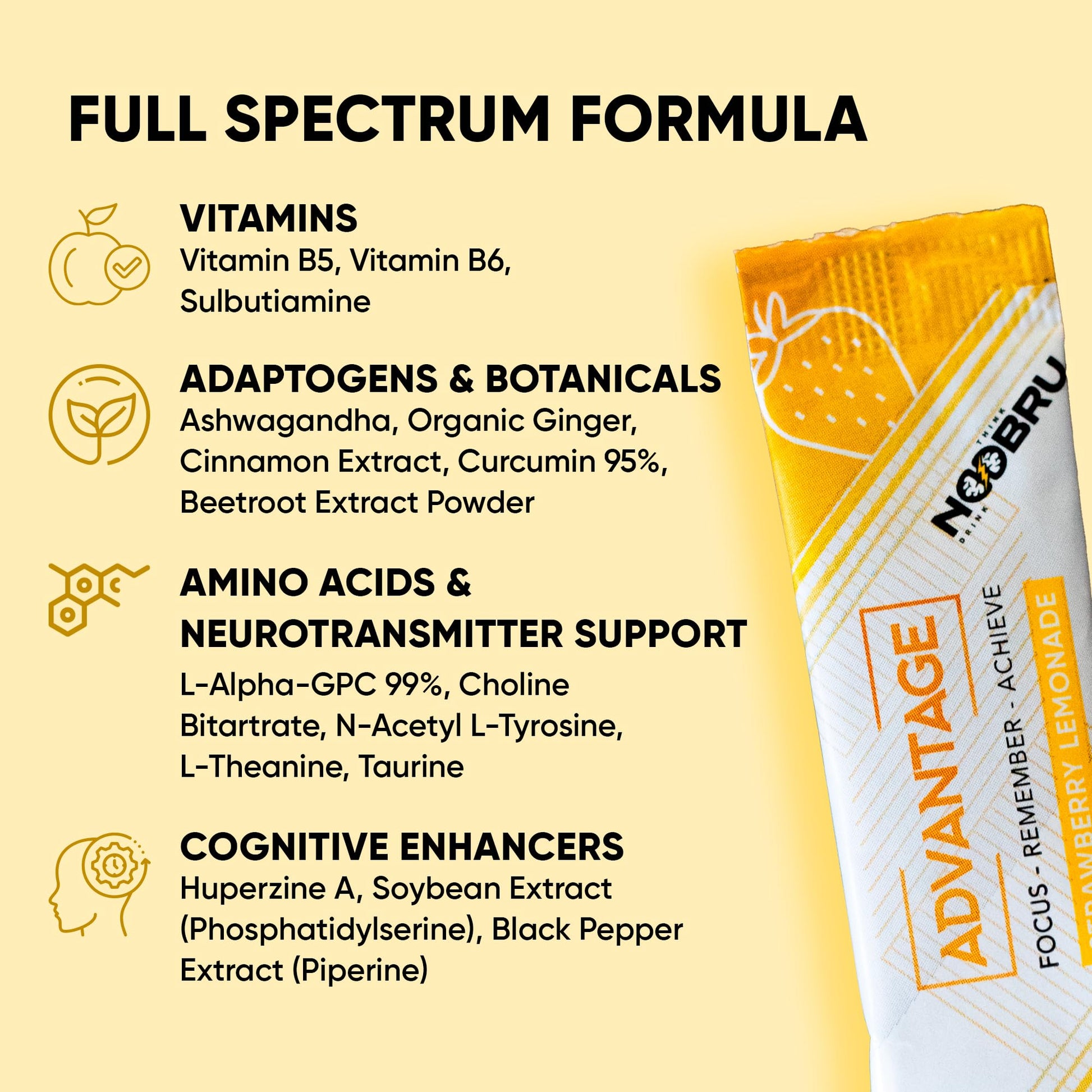 Noobru Аdvantage Nootropic - Delicious Nootropics Brain Supplement with 11 Active Ingredients - Natural Cognitive Enhancer - 20 Strawberry Lemonade Sachets - 1 Month Supply, 20 Count (Pack of 1) NoobruAu supplements
