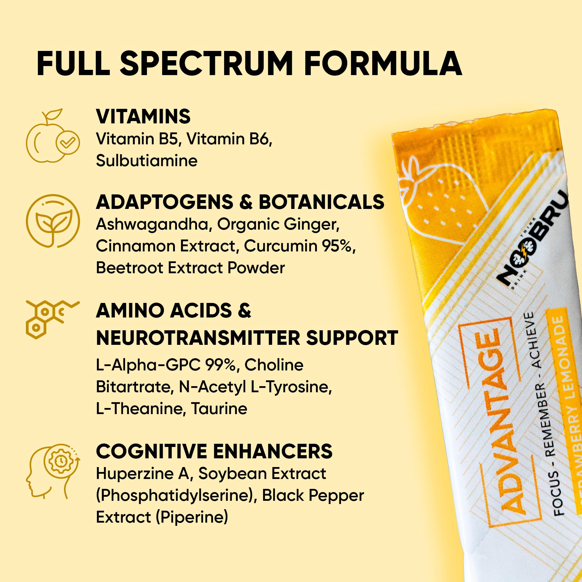 Noobru Аdvantage Nootropic - Delicious Nootropics Brain Supplement with 11 Active Ingredients - Natural Cognitive Enhancer - 20 Strawberry Lemonade Sachets - 1 Month Supply, 20 Count (Pack of 1) NoobruAu supplements
