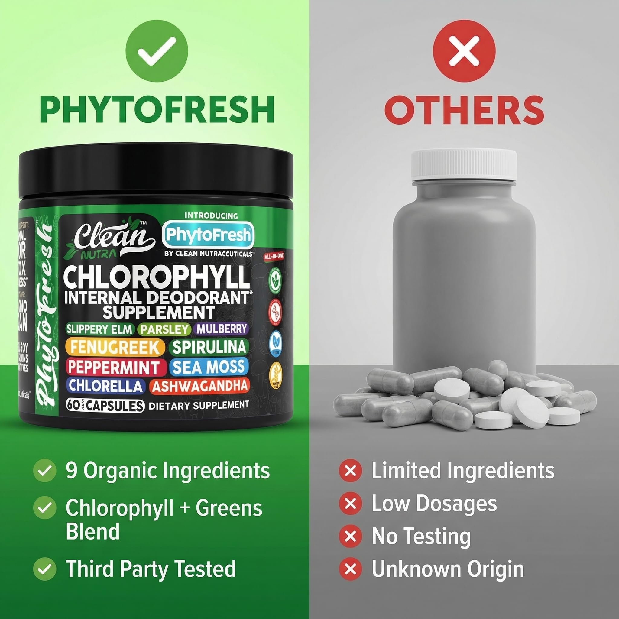 Clean Nutra Chlorophyll Capsules Supplement Internal Deodorant Peppermint, Sea Moss, Parsley, Chlorella, Spirulina, Slippery Elm, Ashwagandha, PhytoFresh Greens Detox Pills Clean NutraceuticalsAu supplements
