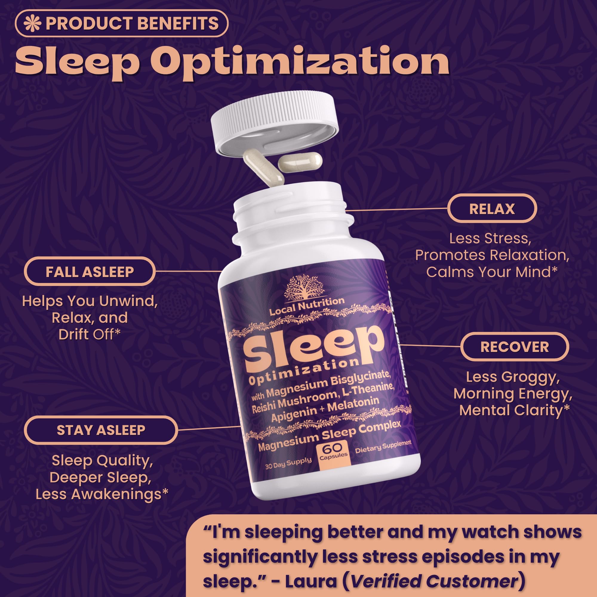 Local Nutrition Natural Sleep Aid with Magnesium Glycinate, Reishi Mushroom Extract, L-Theanine, Apigenin, and Melatonin - Sleep Supplement for Adults Seeking Deep Rest - 60 Capsules, Made in The USA Local NutritionAu supplements
