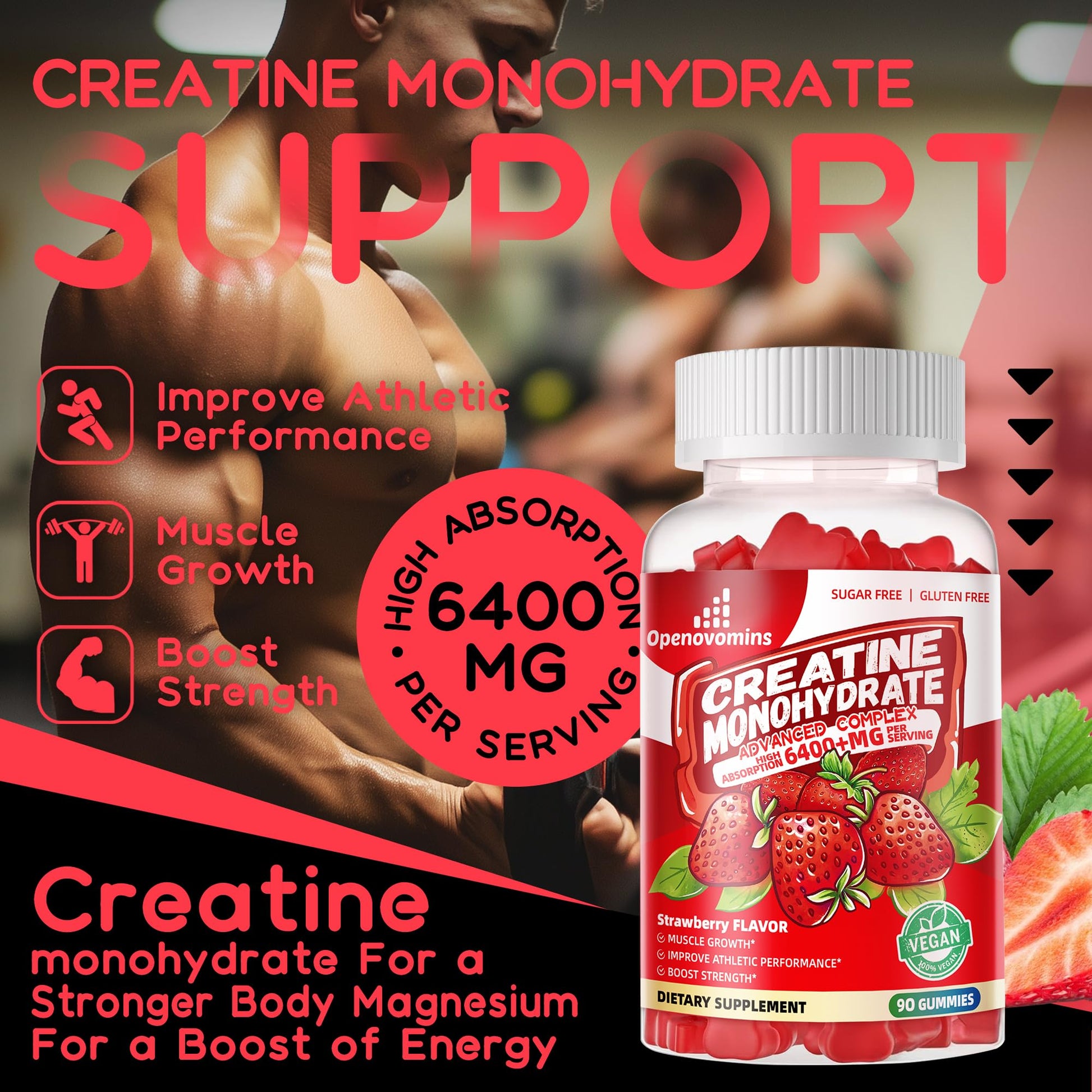 Creatine Monohydrate Gummies Complex for Men & Women -Advanced Formula W/L-Taurine + Vitamin B12, Sugar Free Chewable Supplement,90 Strawberry Gummies OpenovominsAu supplements