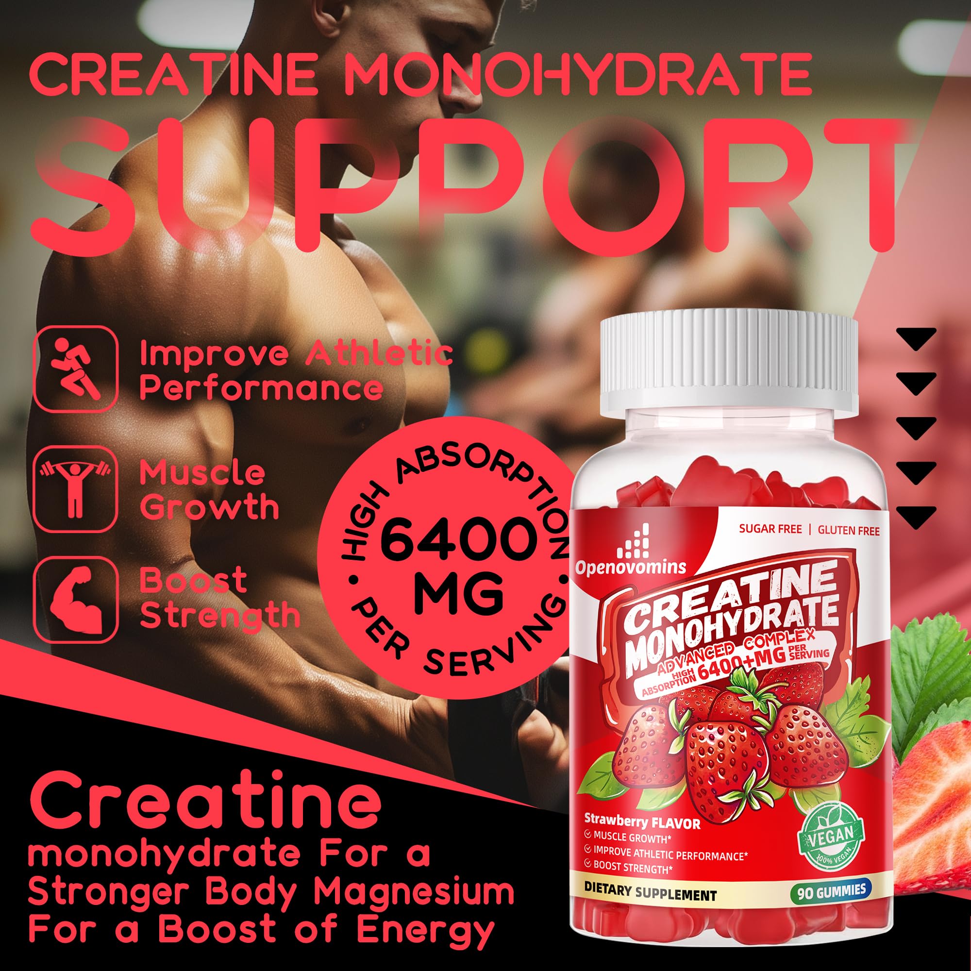 Creatine Monohydrate Gummies Complex for Men & Women -Advanced Formula W/L-Taurine + Vitamin B12, Sugar Free Chewable Supplement,90 Strawberry Gummies OpenovominsAu supplements