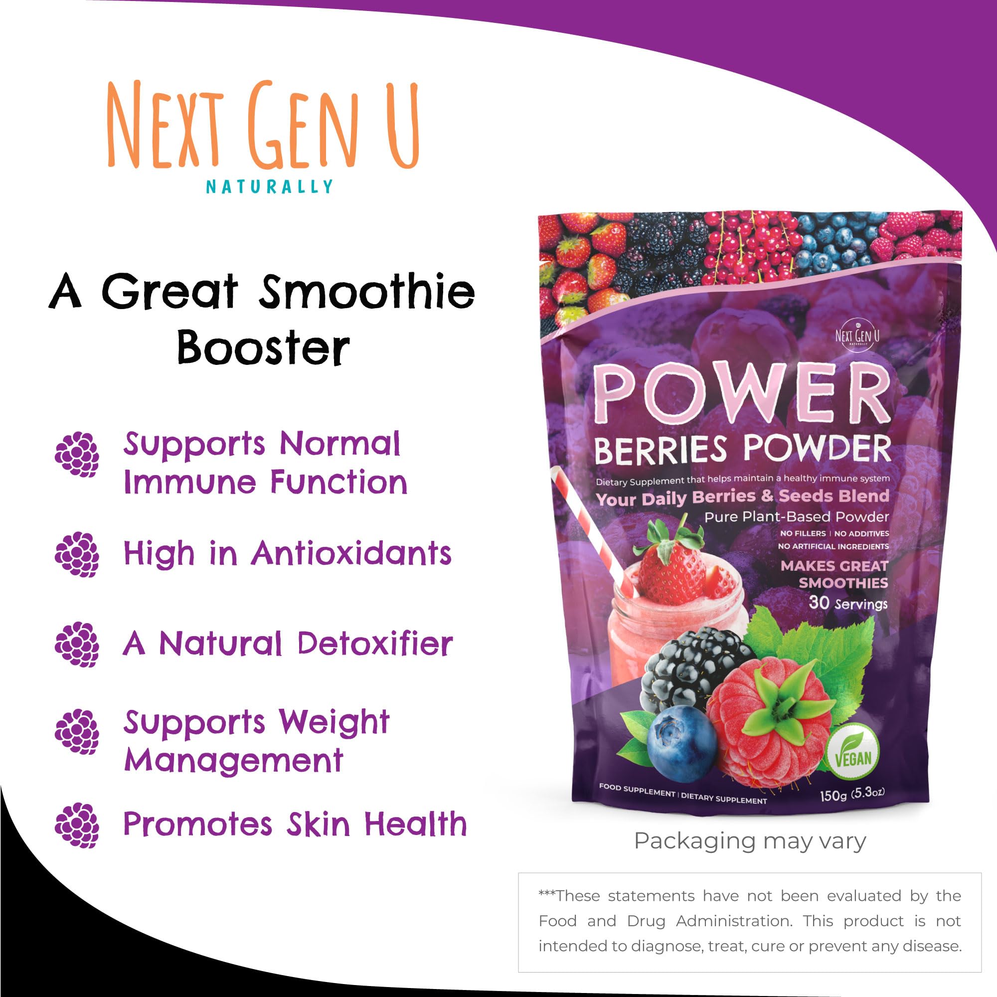 Super Berry Powder - 150g - Immune Support - Food Supplement - Superfood Berries - Smoothie Mix for Shakes - Healthy Boost for Detox Juice Beverages or Any Drink - by NextGenU NGU Next Gen UAu supplements