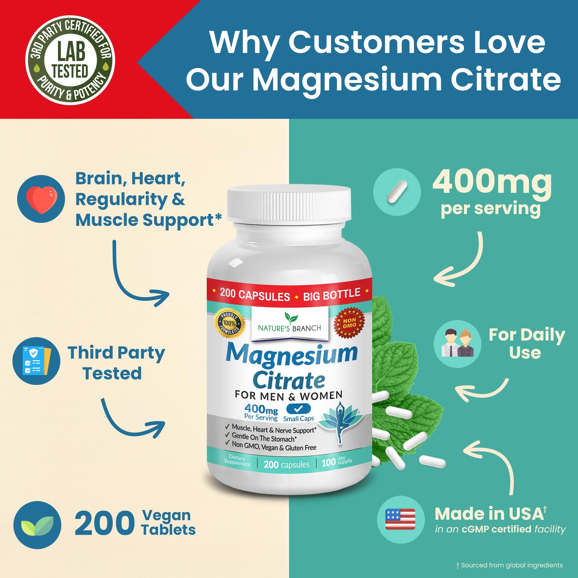 Magnesium Citrate 400mg | 200 Capsules, High Absorption for Sleep, Relax, Leg Cramps, Energy, Extra Strength Easy to Swallow Small Pills for Women & Men, Vegan Supplement for Digestion, Not Tablets NATURE'S BRANCHAu supplements