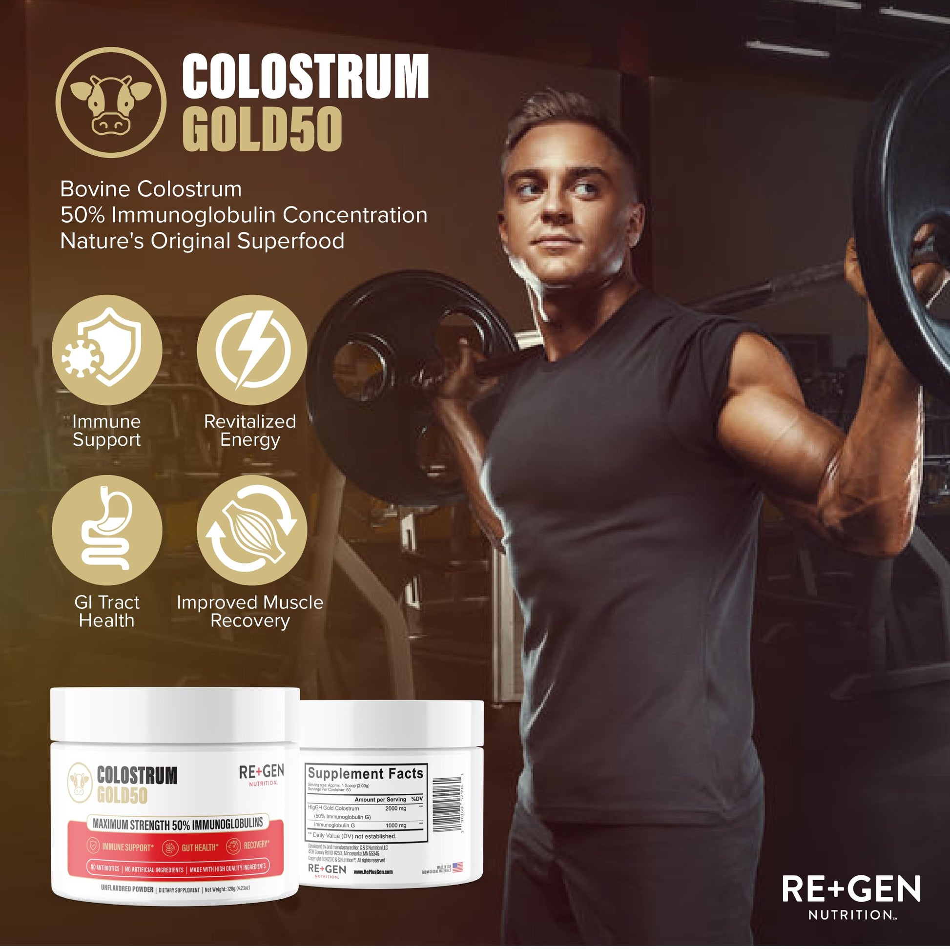 Re+Gen Nutrition Colostrum Gold 50 Bovine Colostrum Powder for Gut Health, Immune Support & Muscle Recovery – 50% IgG Concentration, Grass Fed, Gluten Free, No Artificial Ingredients Re+Gen NutritionAu supplements