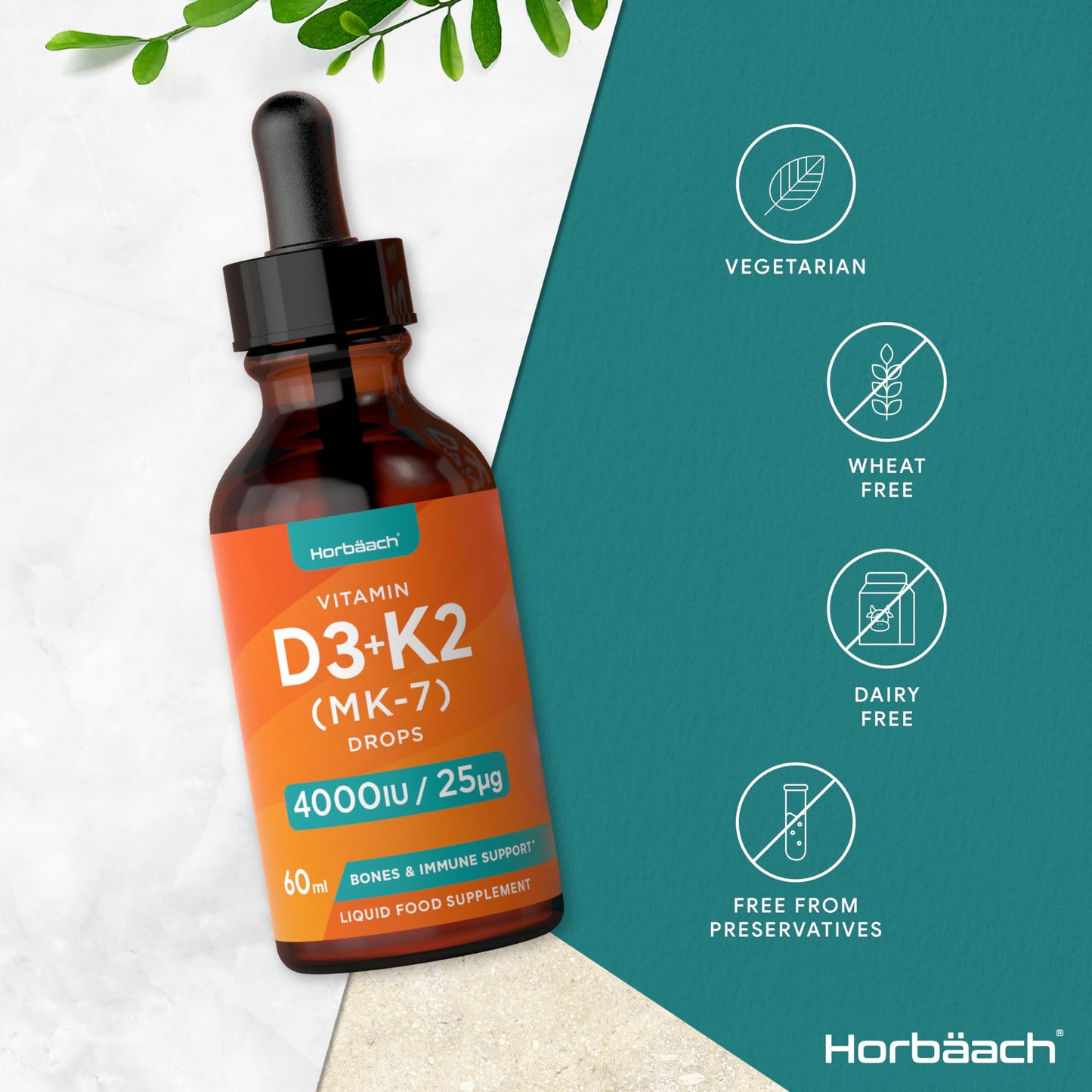 Vitamin D3 K2 Drops | 60mL | High Strength Vitamin D3 4000iu and K2 25ug | No Artificial HorbäachUS supplements