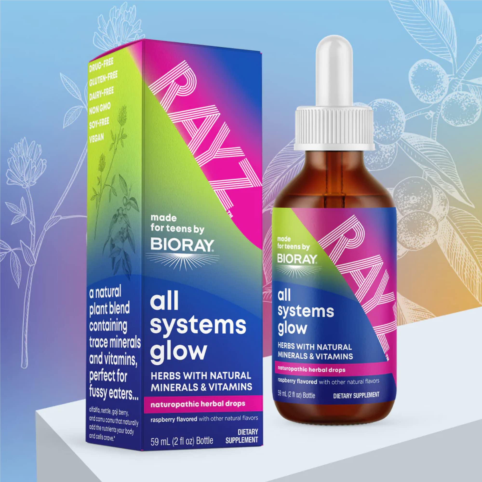 BIORAY RAYZ All Systems Glow, Raspberry Flavor - 2 fl oz - Convenient Source of Vitamins & Minerals for Teens 12-18 Years Old BIORAYAu supplements