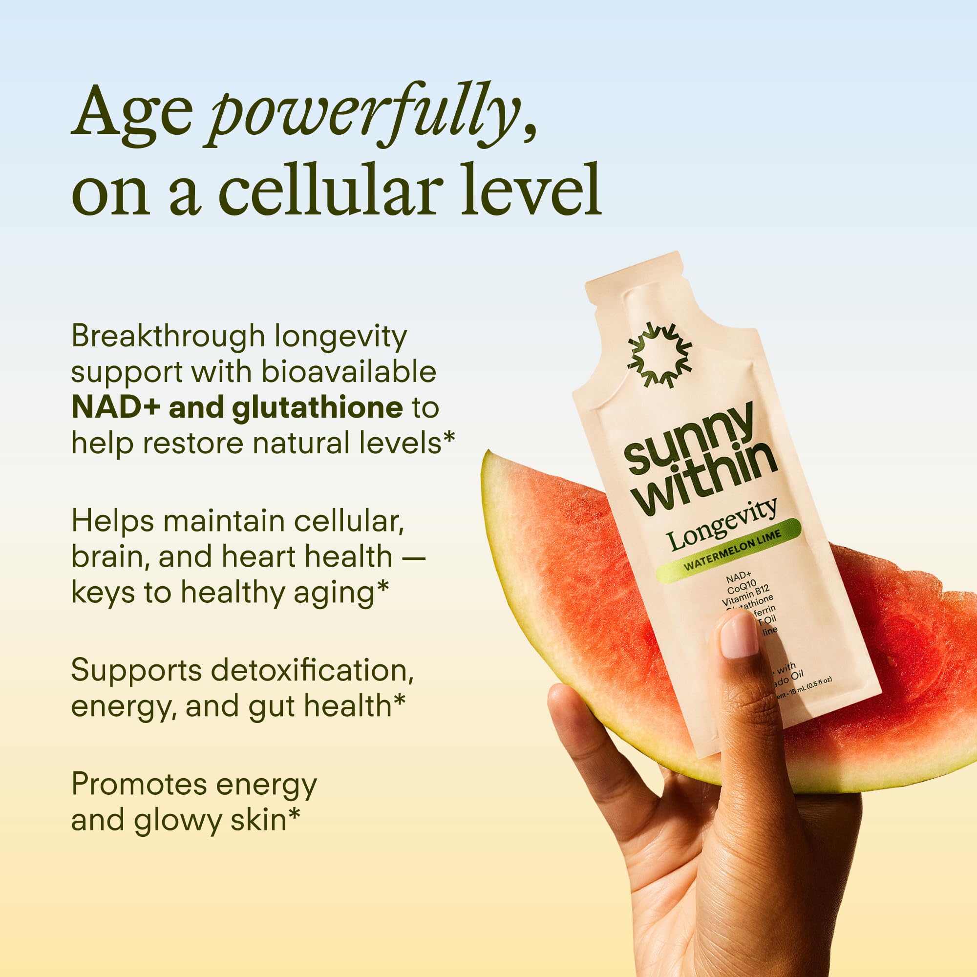 Sunny Within Longevity – Liposomal NAD+ Glutathione Supplement w/Liquid NAD+, CoQ10, B12, MCT & Avocado Oil – Cellular Health, Energy, Brain, Gut & Heart Support* – Watermelon Lime – 30 Pouches Sunny WithinAu supplements