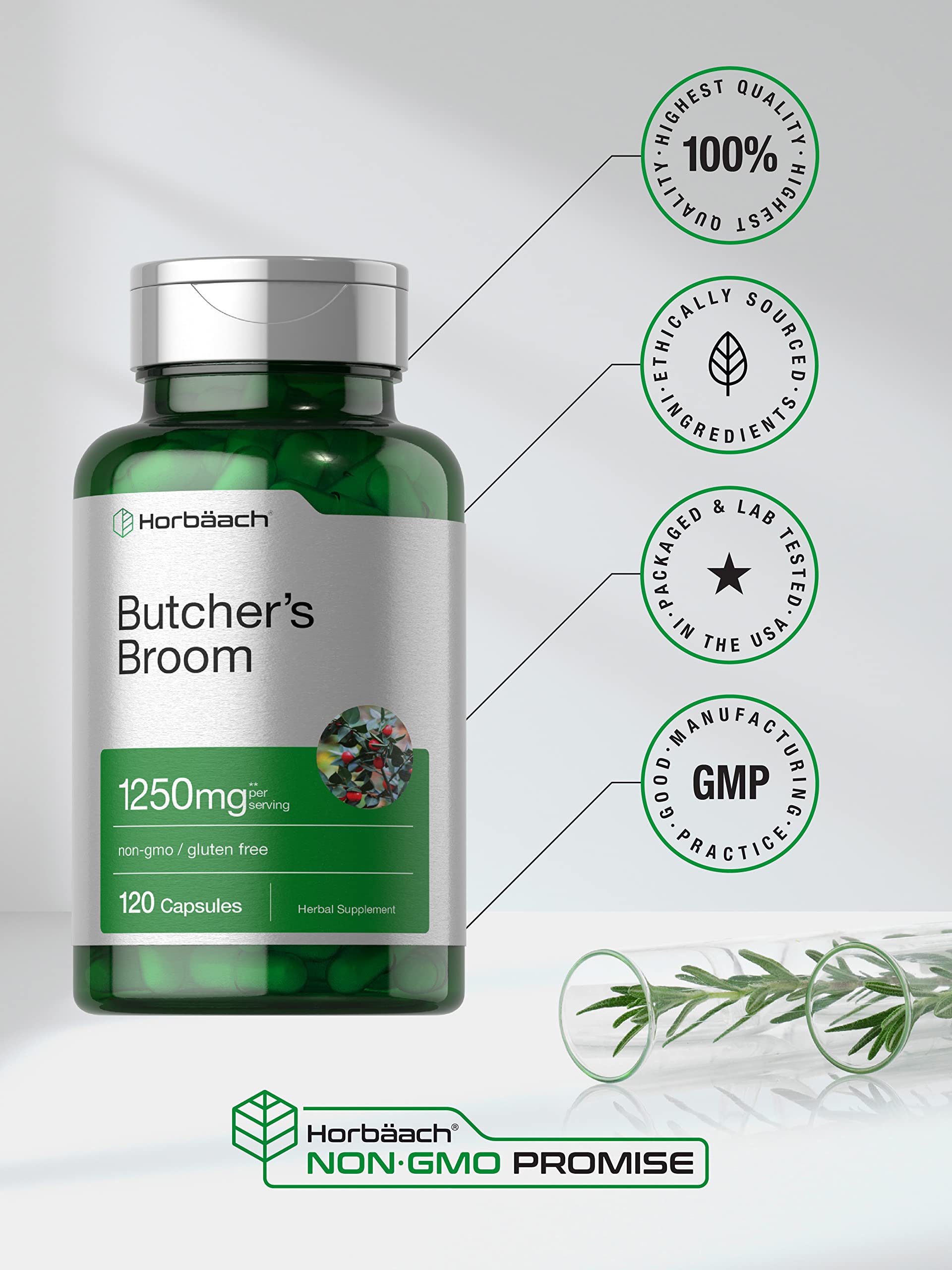 Butchers Broom Capsules 1250mg | 120 Count | Non-GMO, Gluten Free | Traditional Herb HorbäachAu supplements